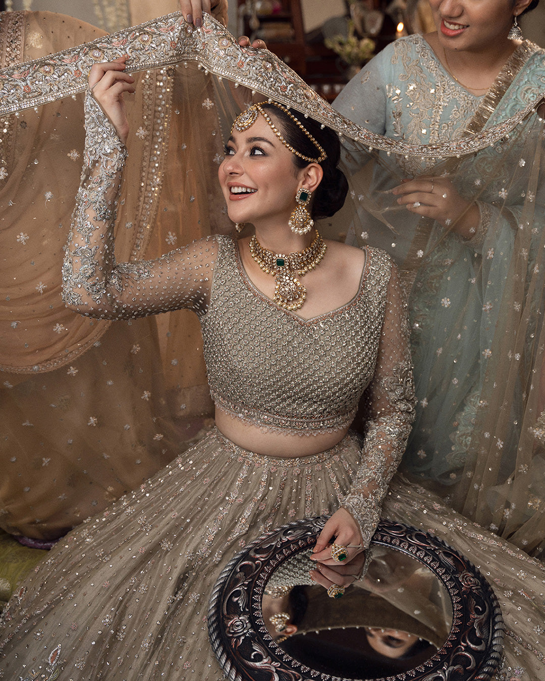 Beige Hand-Embellished Tissue & Net Bridal Lehenga (3-Piece) - Image 3
