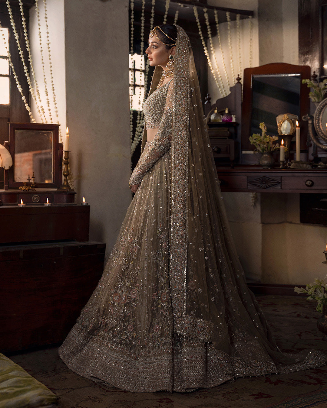 Beige Hand-Embellished Tissue & Net Bridal Lehenga (3-Piece) - Image 5