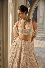 Nude Pearl & Sequin Tissue Silk Lehenga (3-Piece) - Image 3