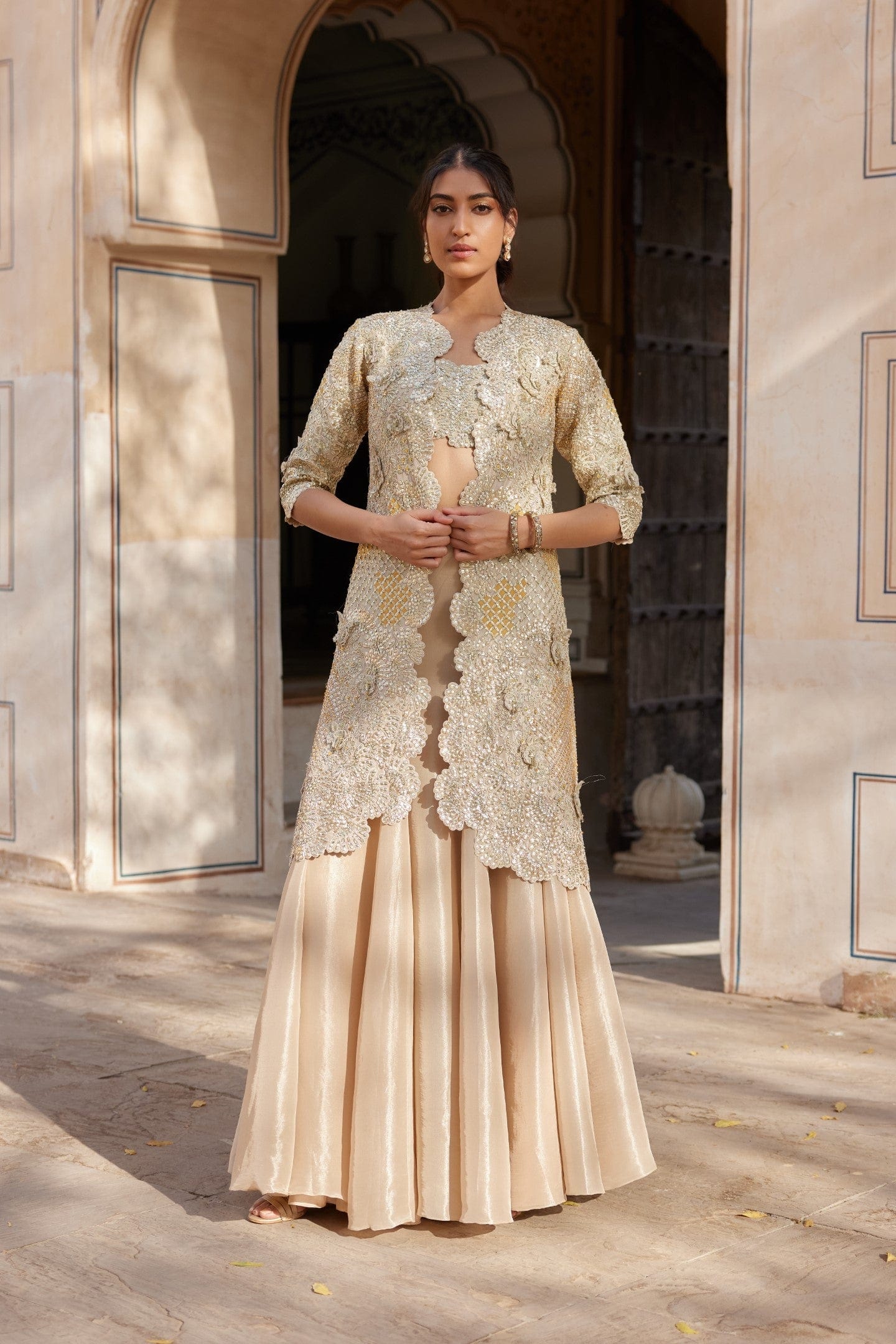 Beige Champagne Embroidered Tissue Silk Lehenga (3-Piece) - Image 1