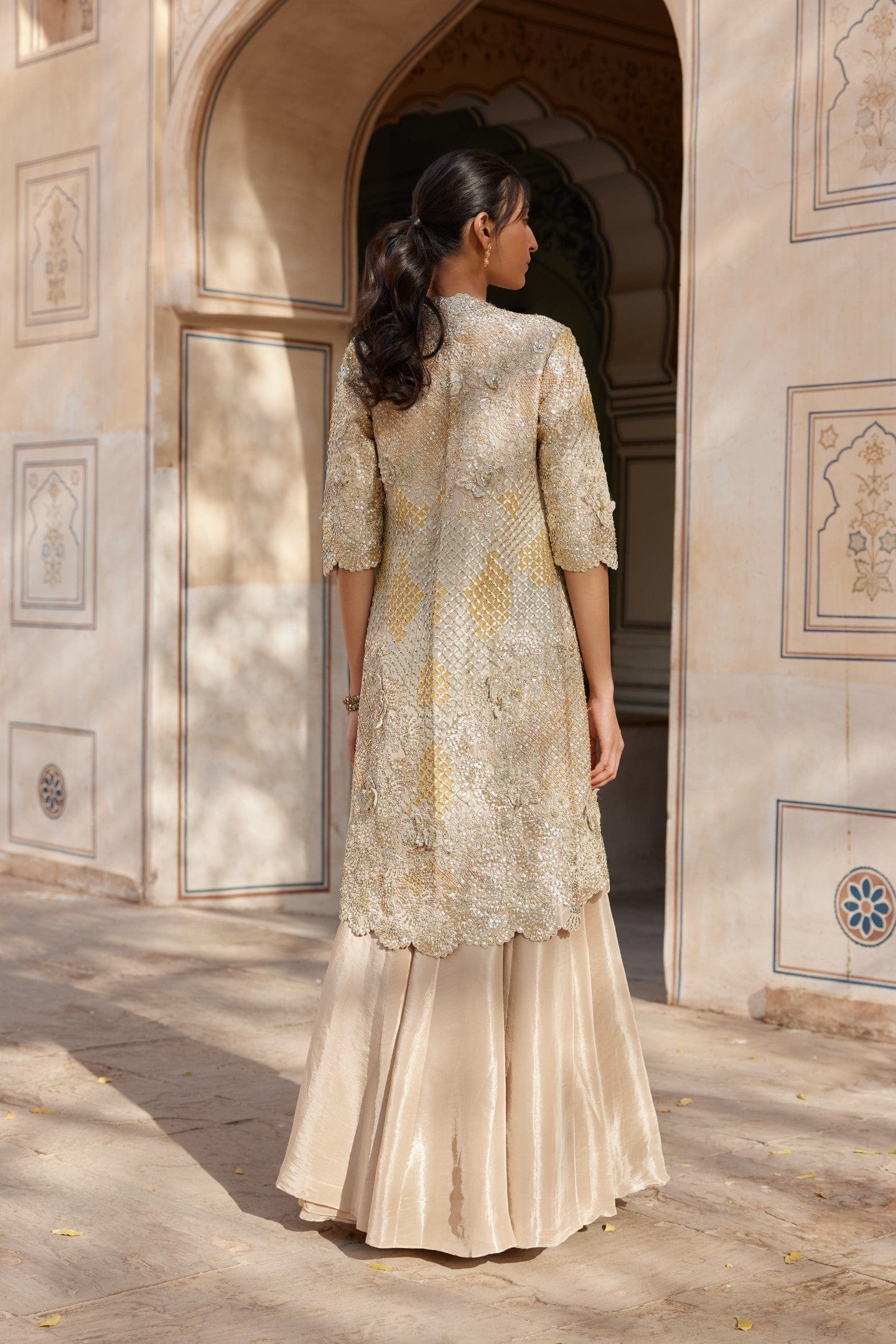 Beige Champagne Embroidered Tissue Silk Lehenga (3-Piece) - Image 2