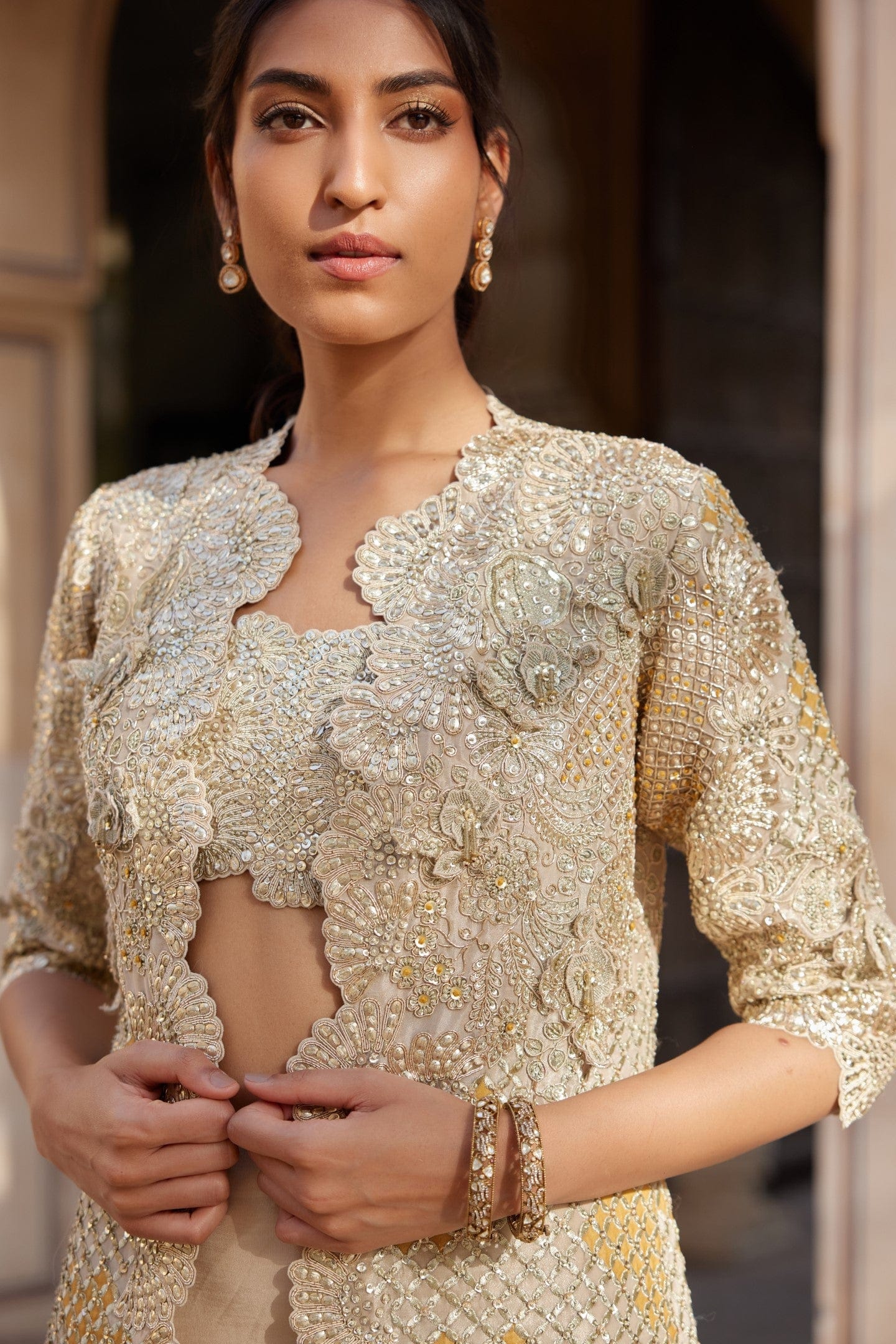 Beige Champagne Embroidered Tissue Silk Lehenga (3-Piece) - Image 3