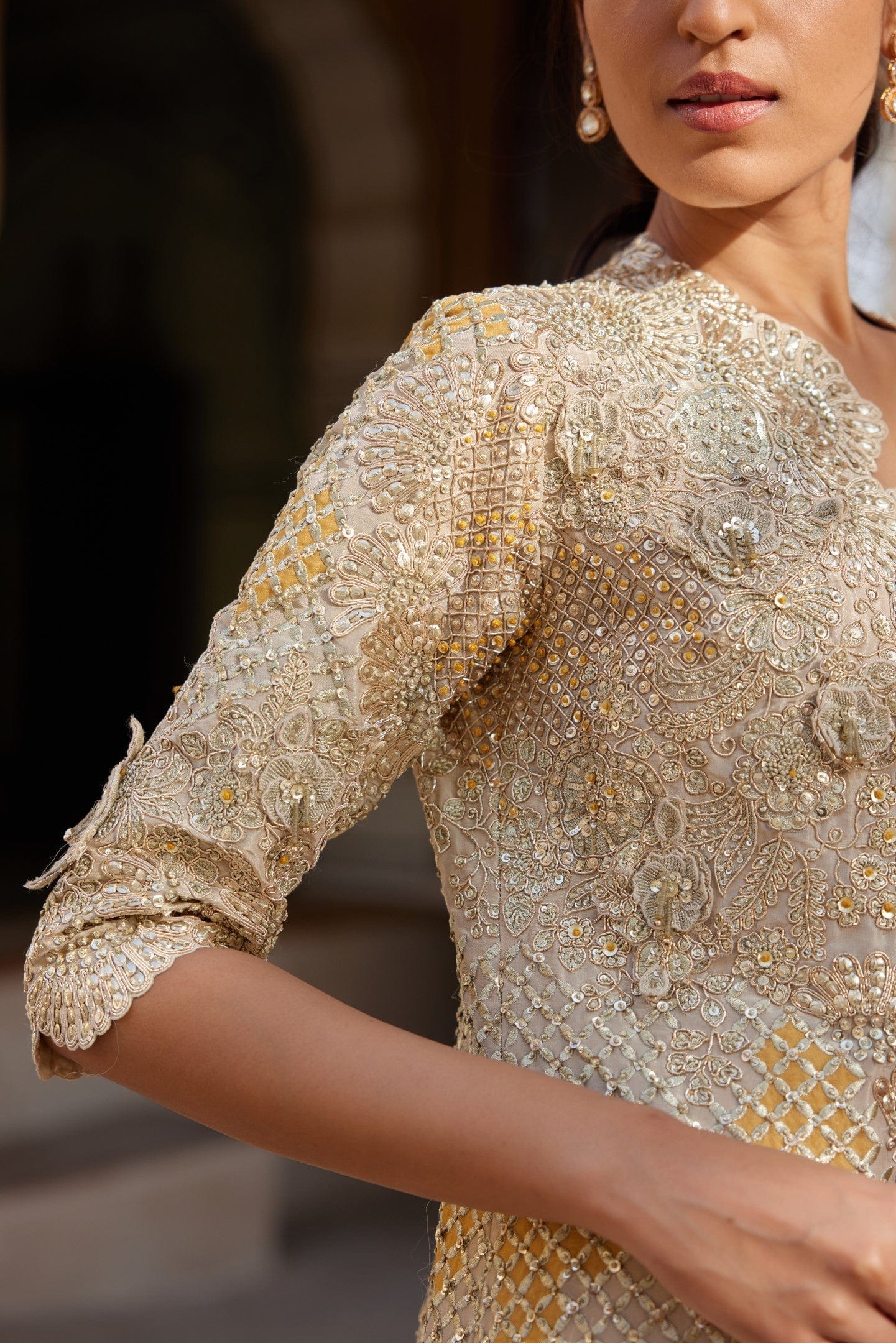 Beige Champagne Embroidered Tissue Silk Lehenga (3-Piece) - Image 5