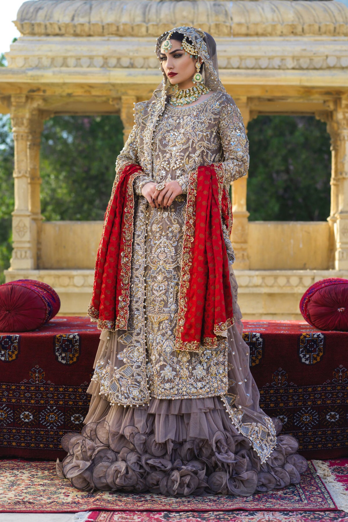 Pakistani Taupe Hand-Embellished Tulle Lehenga (3-Piece) - Image 1