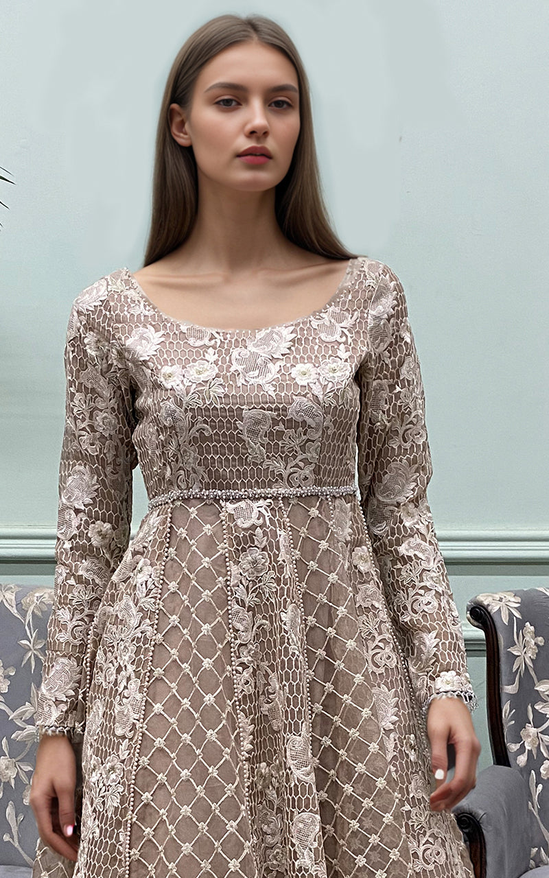Taupe Embroidered Organza Maxi Dress (1-Pc) - Image 2