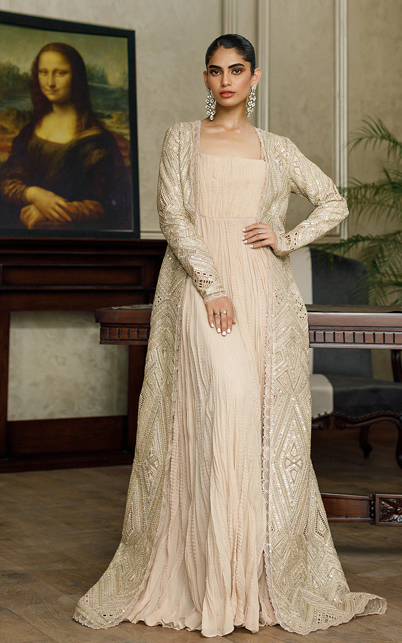 Pakistani Beige Embroidered Organza Jacket with Chiffon Maxi (2-Piece) - Image 1