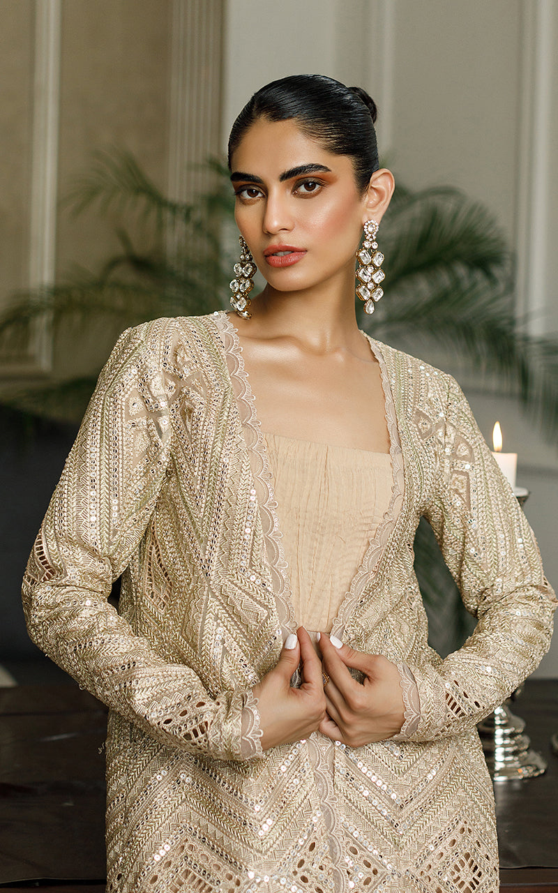 Pakistani Beige Embroidered Organza Jacket with Chiffon Maxi (2-Piece) - Image 2