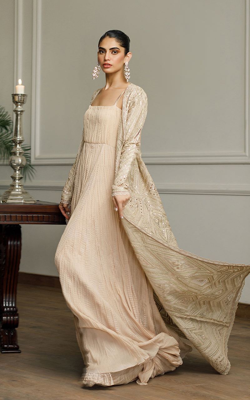 Pakistani Beige Embroidered Organza Jacket with Chiffon Maxi (2-Piece) - Image 3