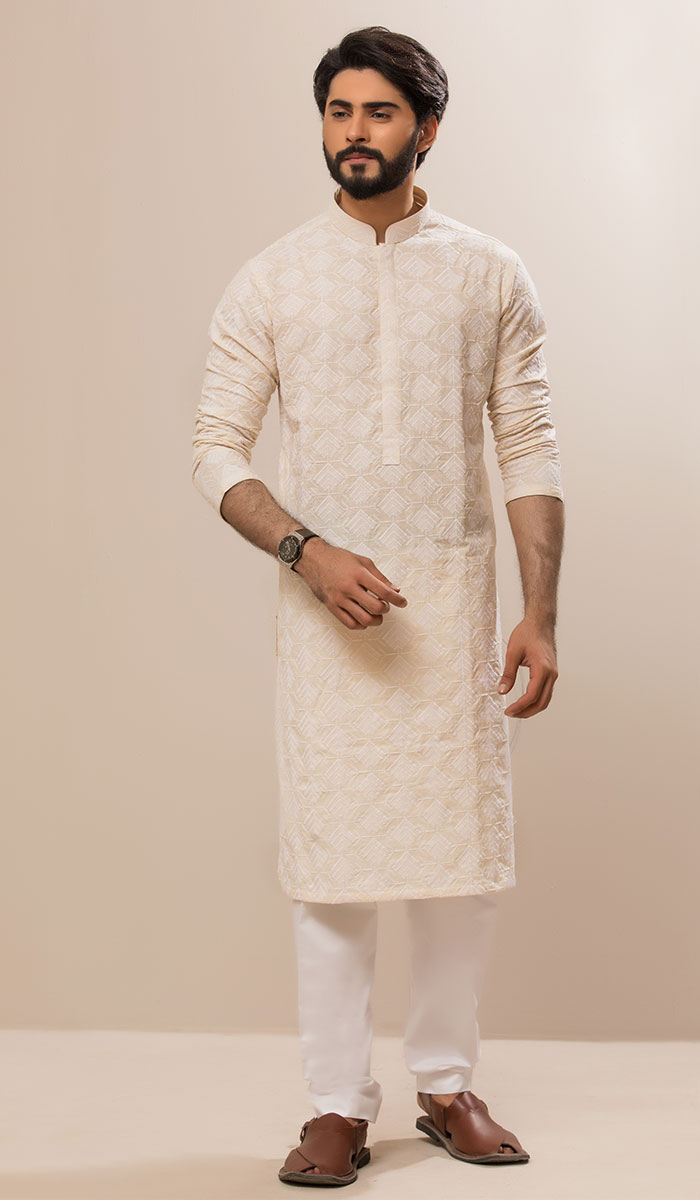 Bisque Chikankari Cotton Embroidered Kurta (2-Piece) - Image 1
