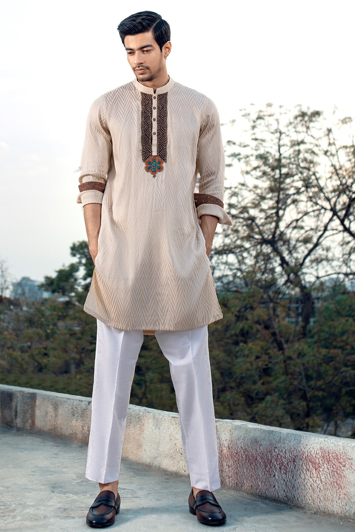 Beige Embroidered Cotton Kurta (2-Piece) - Image 1