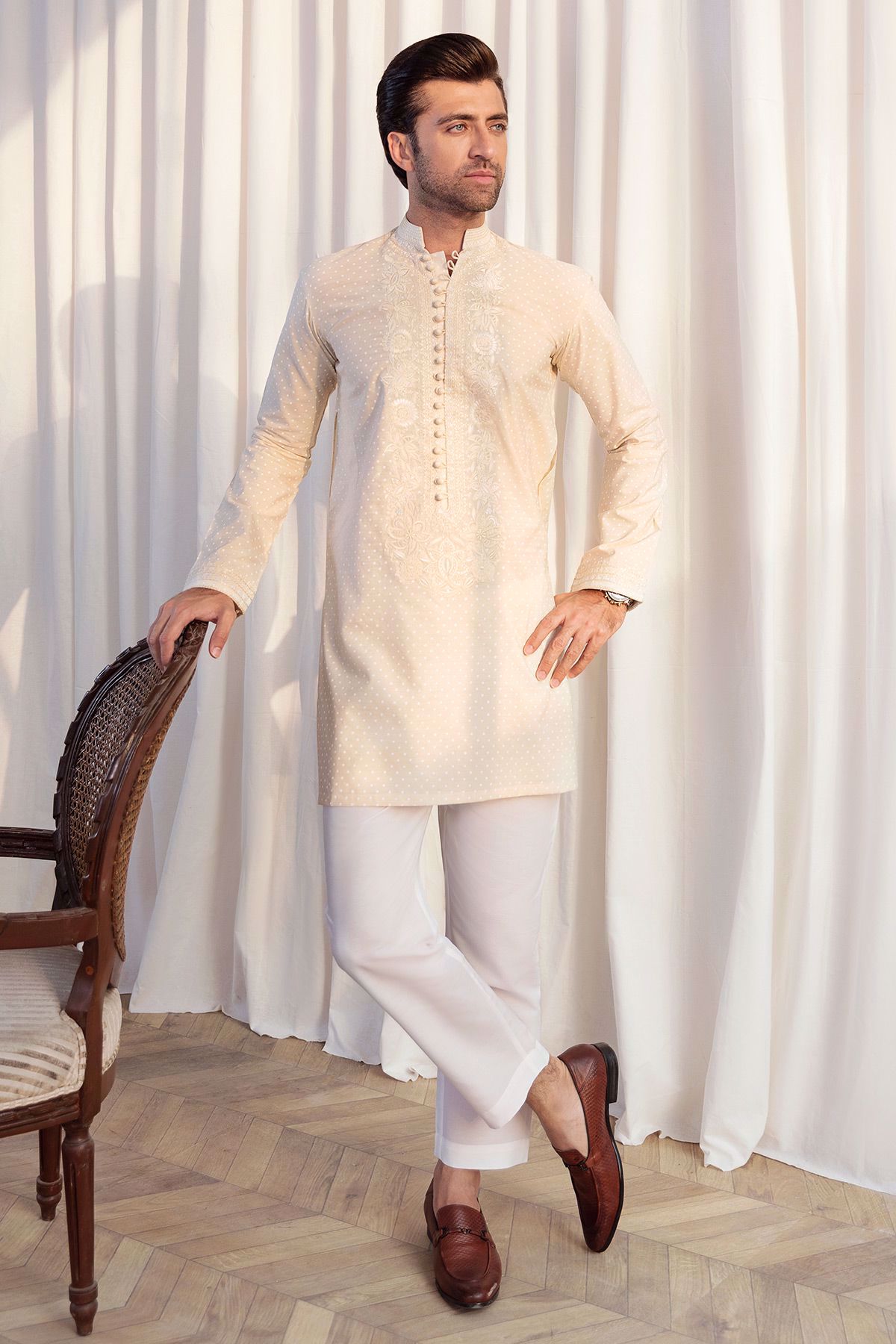 Beige Hand Block Print Cotton Kurta (2-Piece) - Image 1