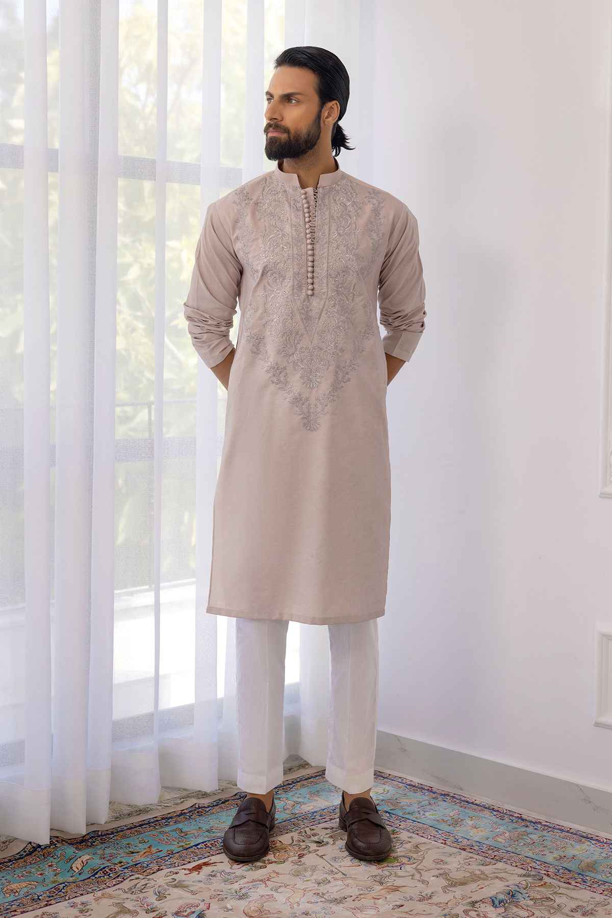 Sand Zari Embroidered Cotton Net Kurta (2-Piece) - Image 1