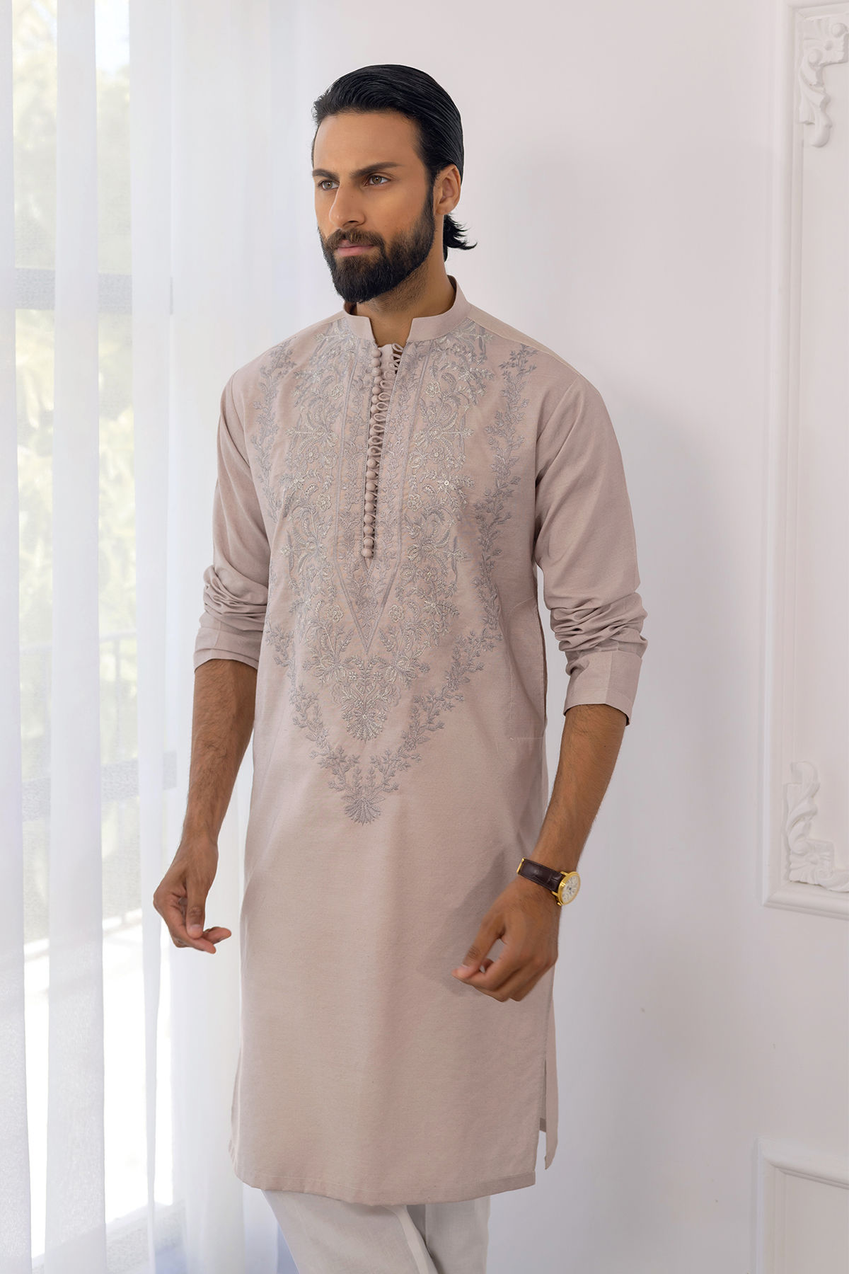 Sand Zari Embroidered Cotton Net Kurta (2-Piece) - Image 2