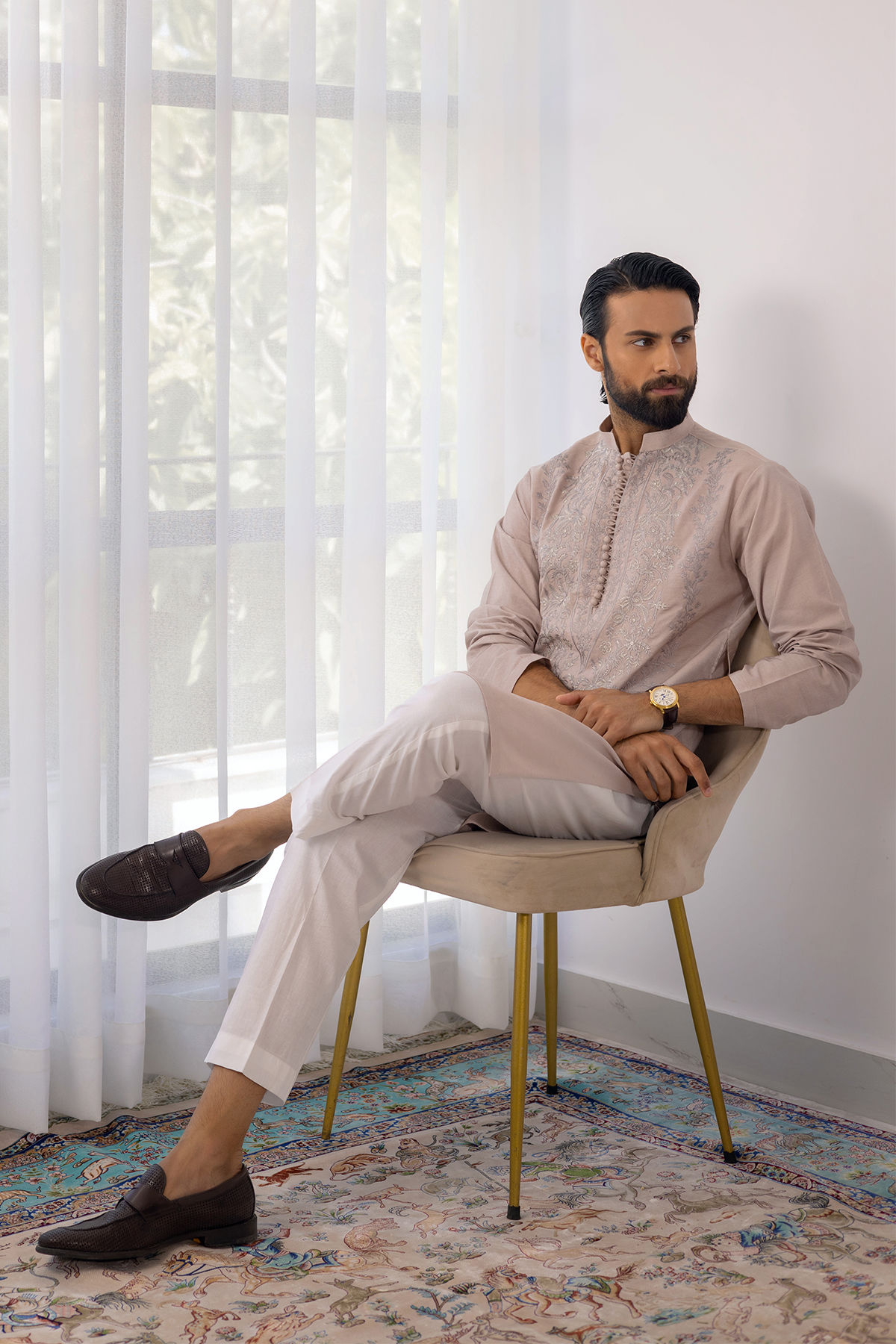 Sand Zari Embroidered Cotton Net Kurta (2-Piece) - Image 3