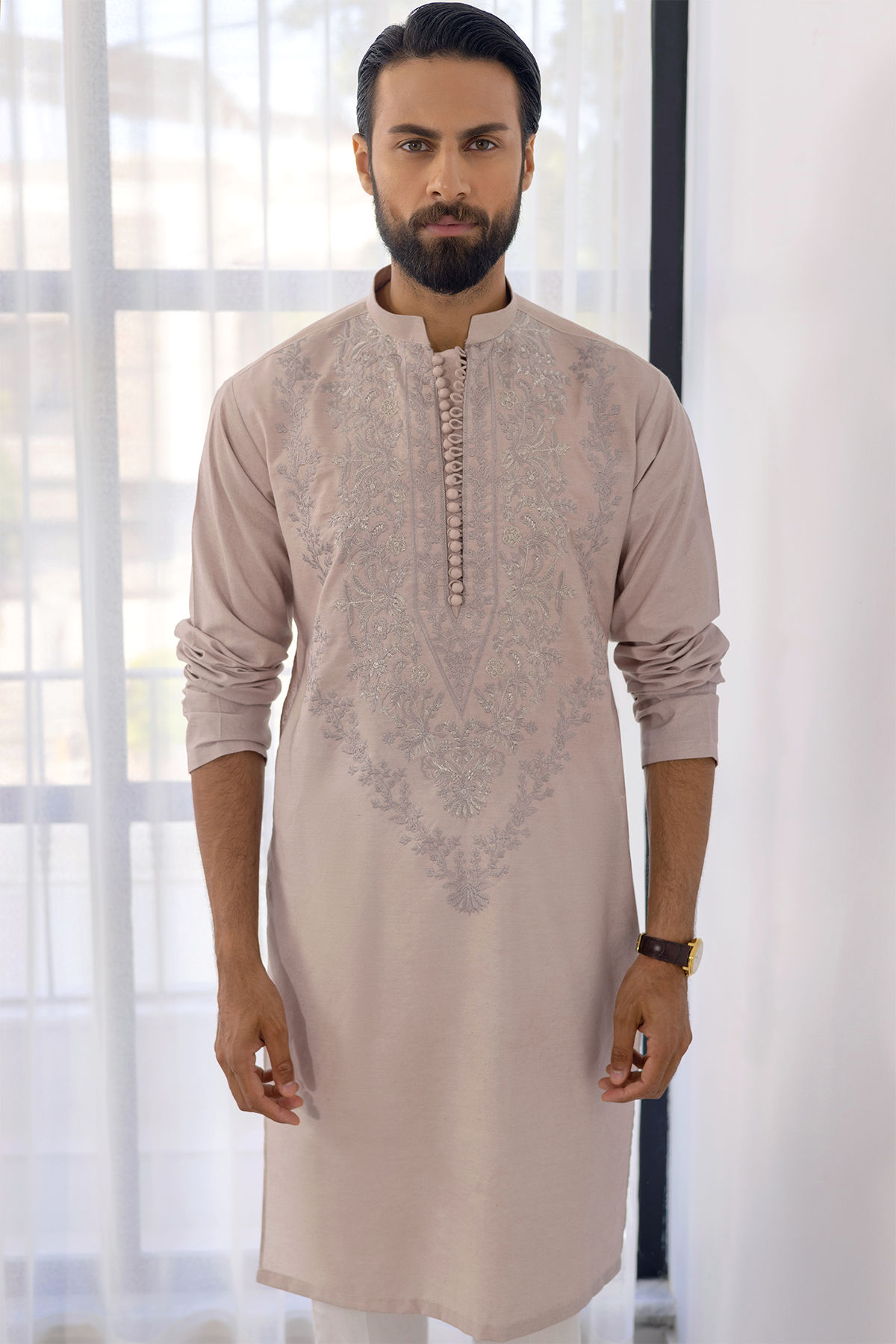 Sand Zari Embroidered Cotton Net Kurta (2-Piece) - Image 4