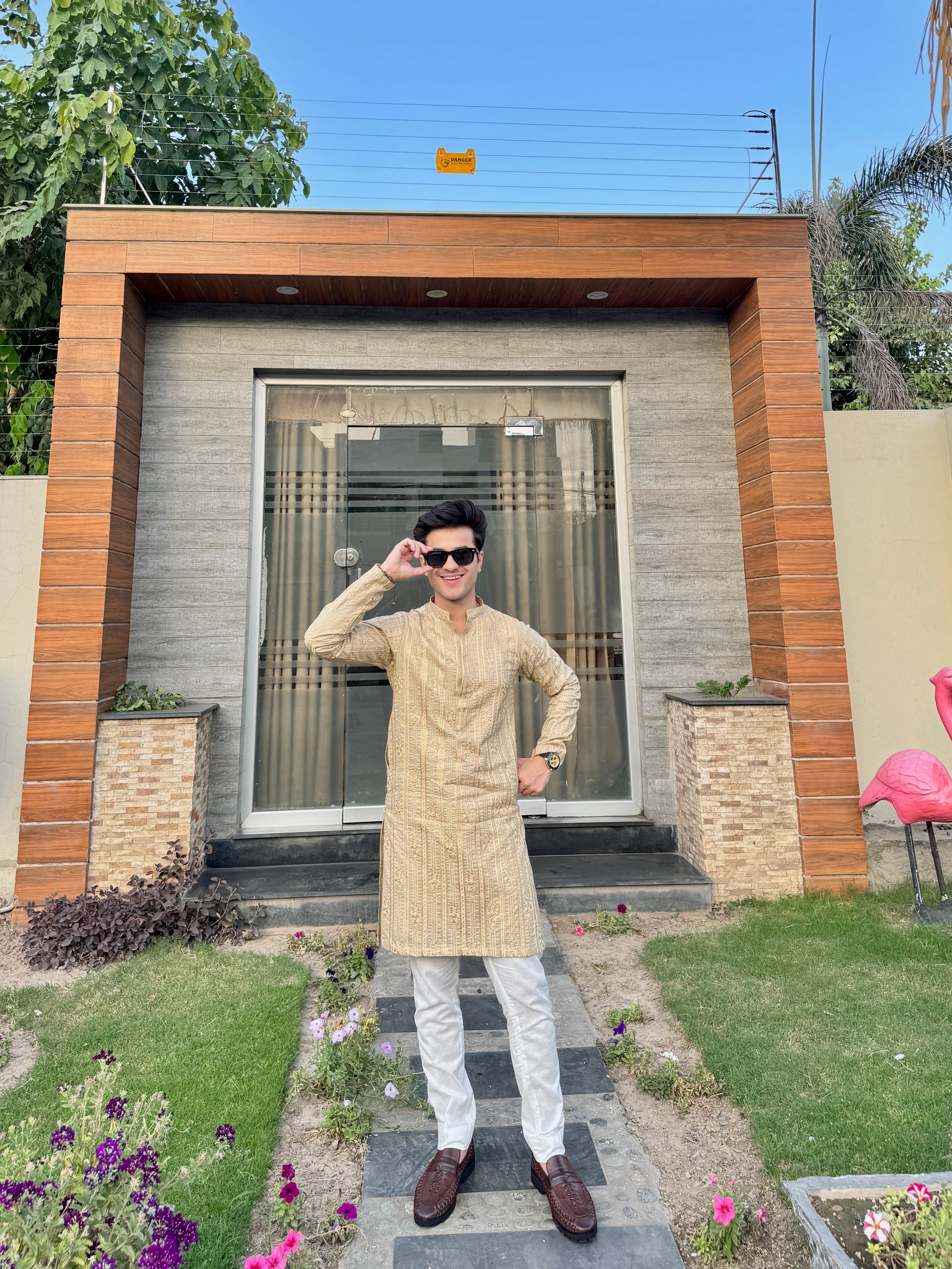 Light Beige Embroidered Cotton Kurta (2-Piece) - Image 1