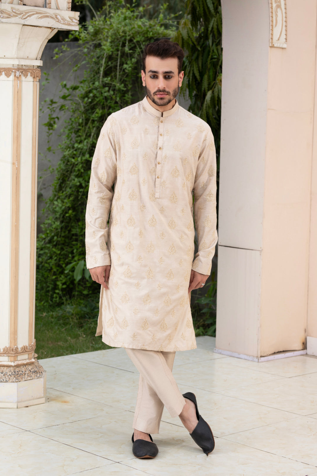 Beige Embroidered Cotton Row Silk Kurta Pajama (2-Piece) - Image 1