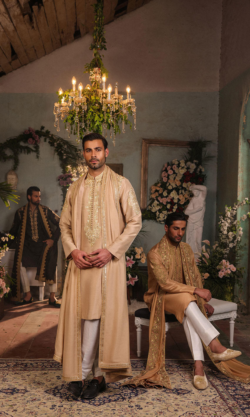 Beige Thread-Embroidered Cotton-Silk Kurta (3-Piece) - Image 1