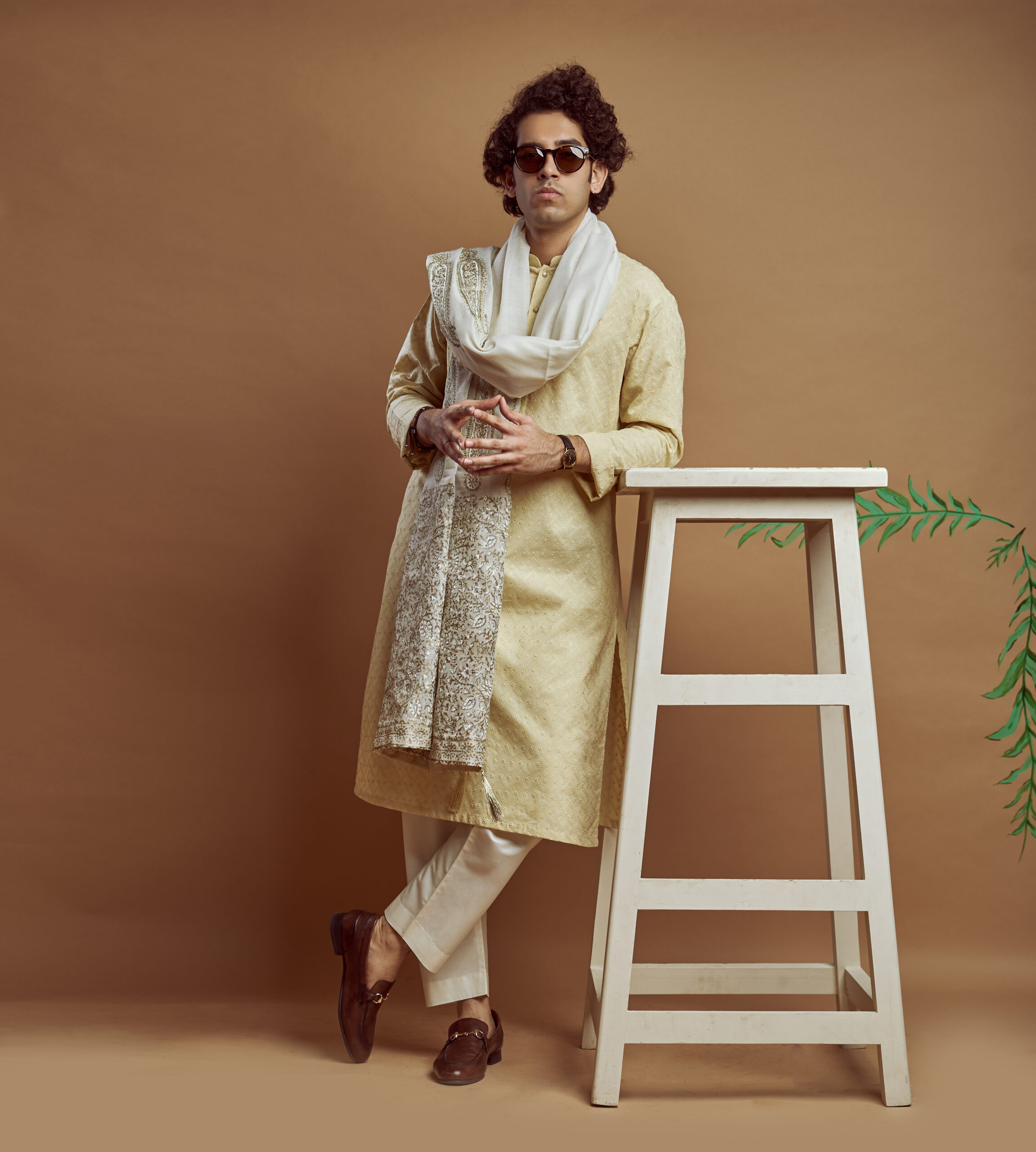 Beige Embroidered Cotton-Silk Kurta with Ivory Shawl (3-Piece) - Image 1