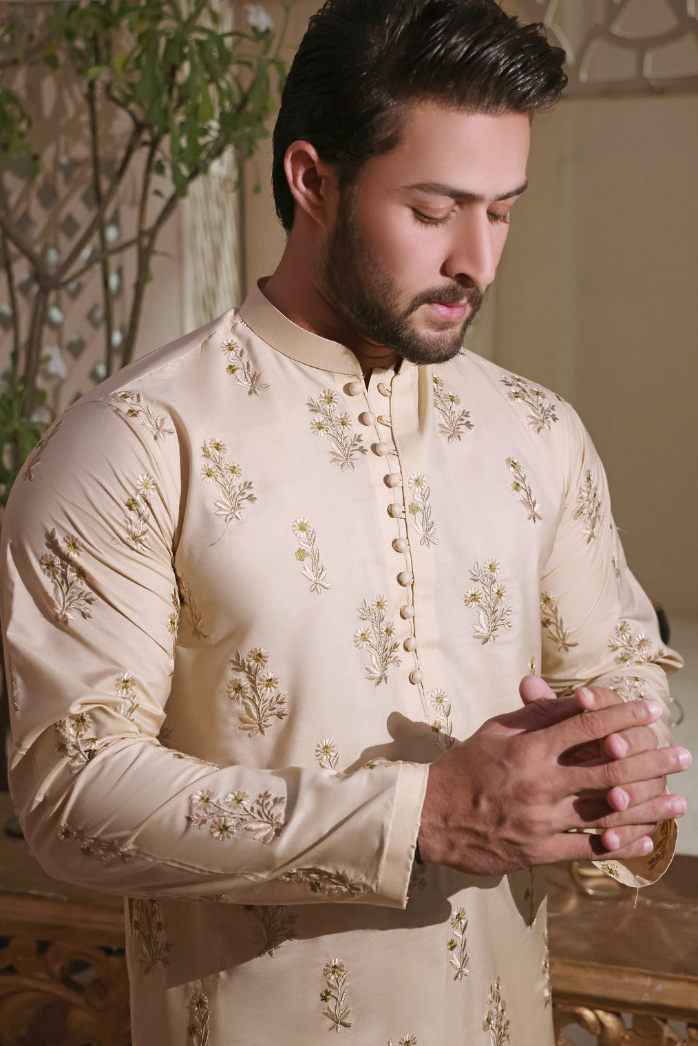 Beige Floral Embroidered Cotton Silk Kurta (2-Piece) - Image 1