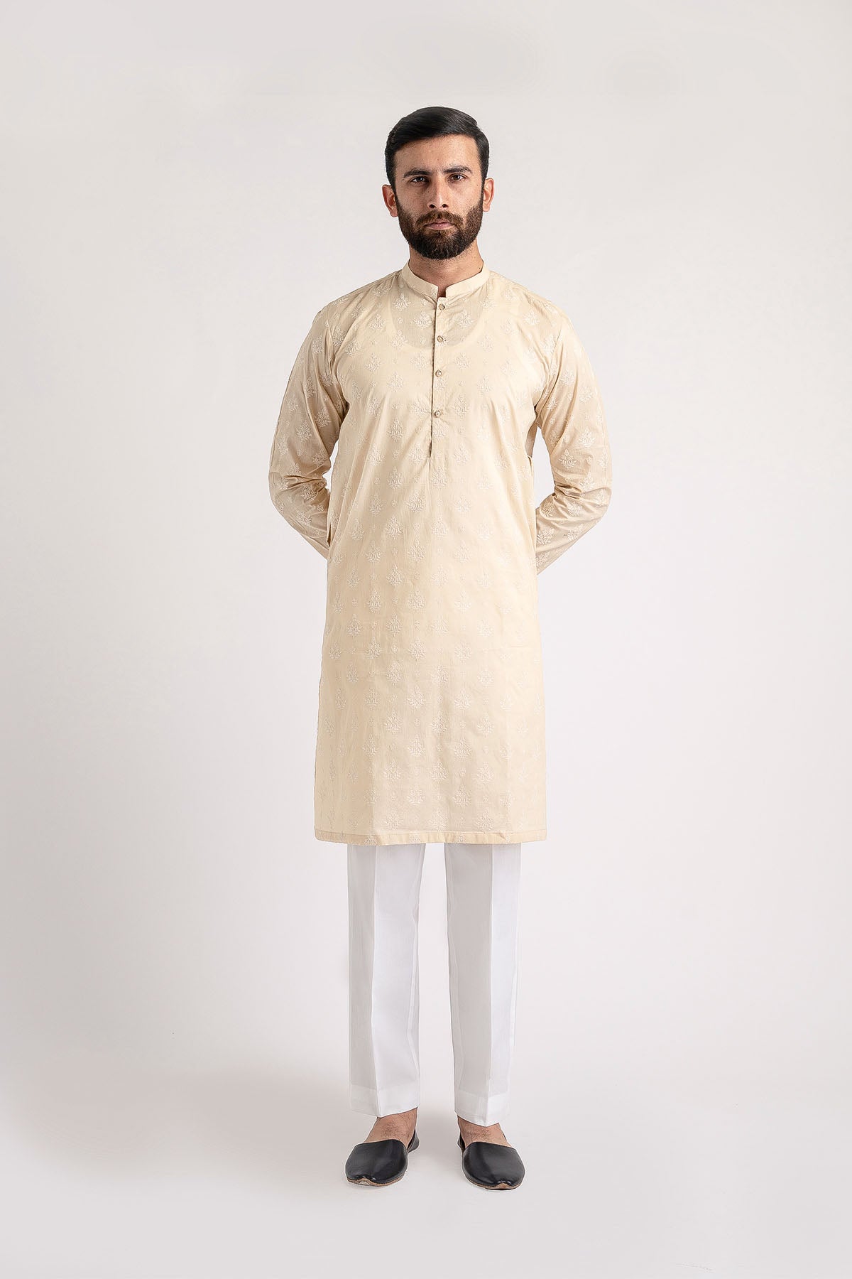 Beige Embroidered Cotton Kurta (2-Piece) - Image 1