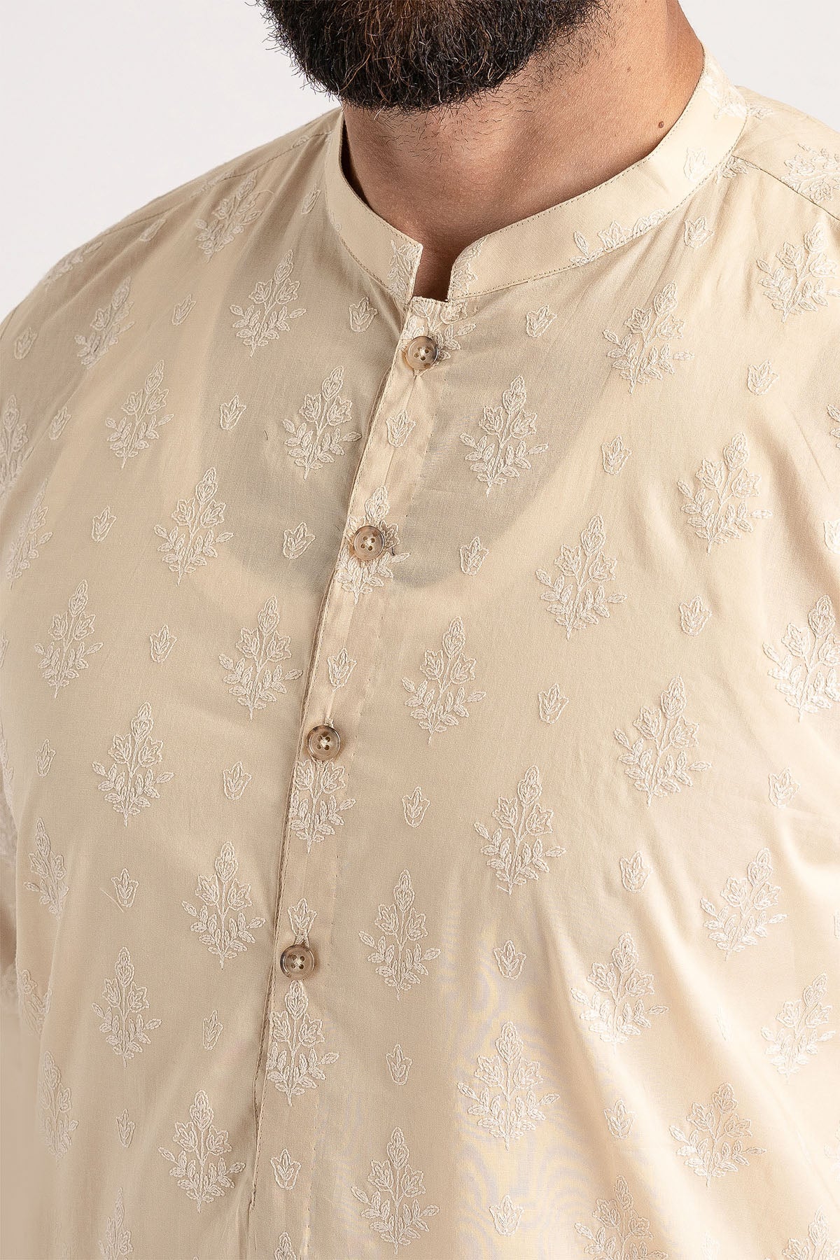 Beige Embroidered Cotton Kurta (2-Piece) - Image 2