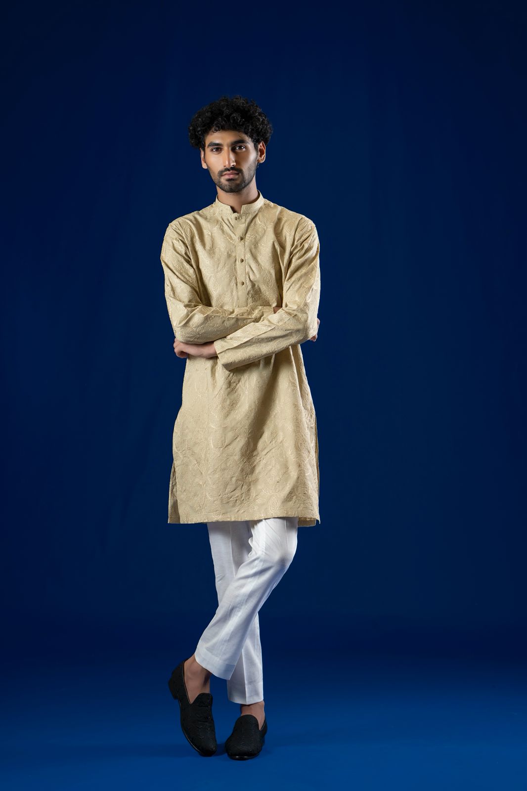 Light Beige Embroidered Cotton Kurta (2-Piece) - Image 1