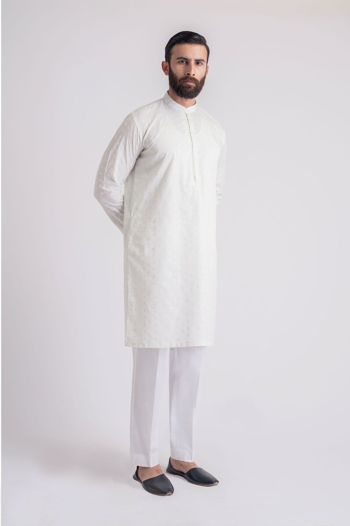 Beige Embroidered Egyptian Cotton Kurta (2-Piece) - Image 3