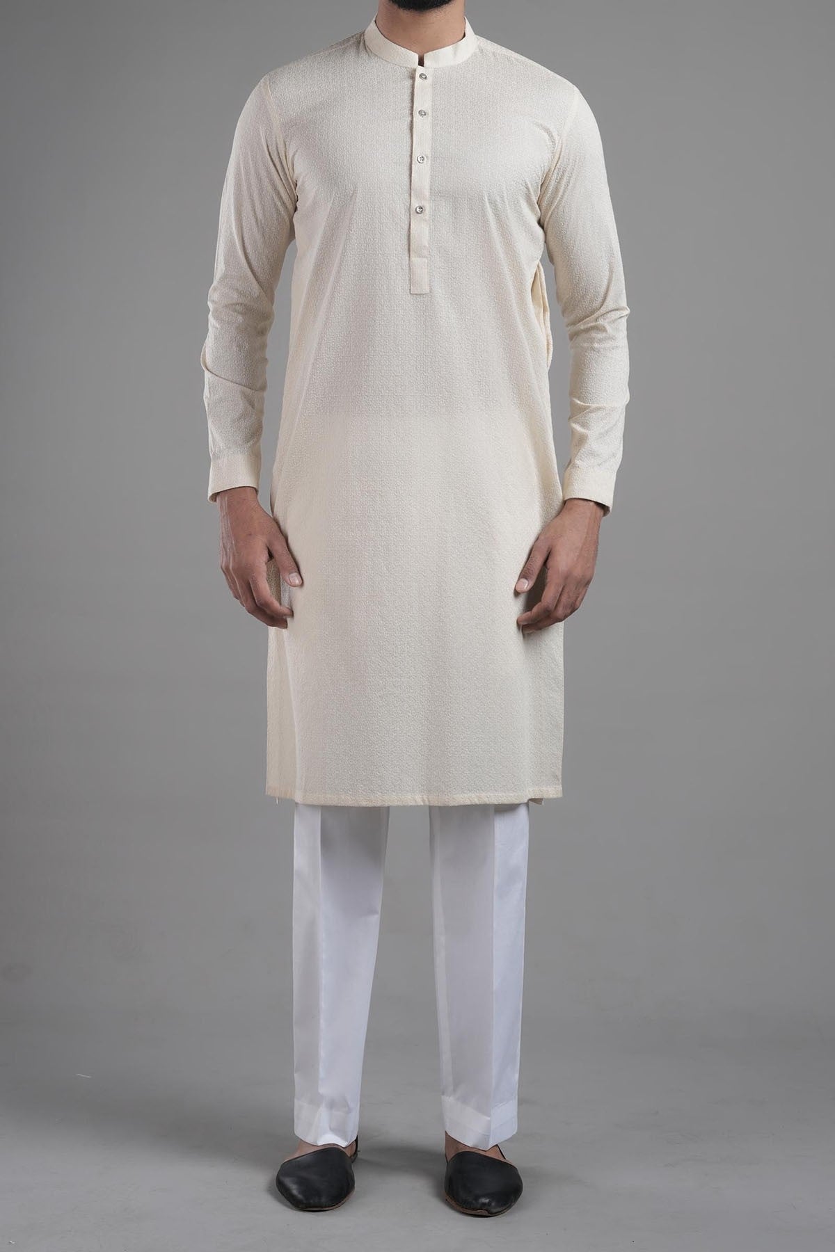 Beige Embroidered Egyptian Cotton Kurta (2-Piece) - Image 1