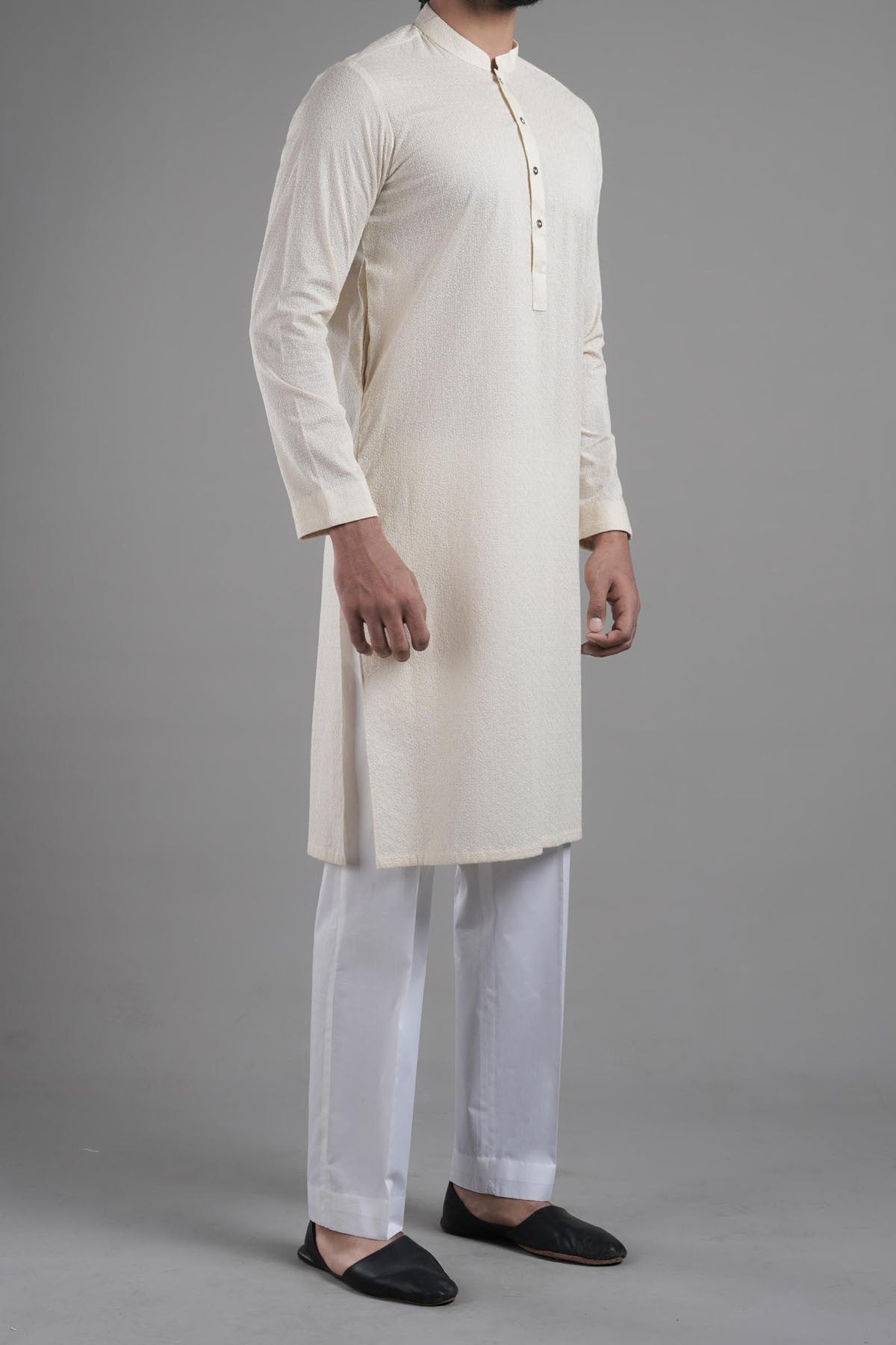 Beige Embroidered Egyptian Cotton Kurta (2-Piece) - Image 3