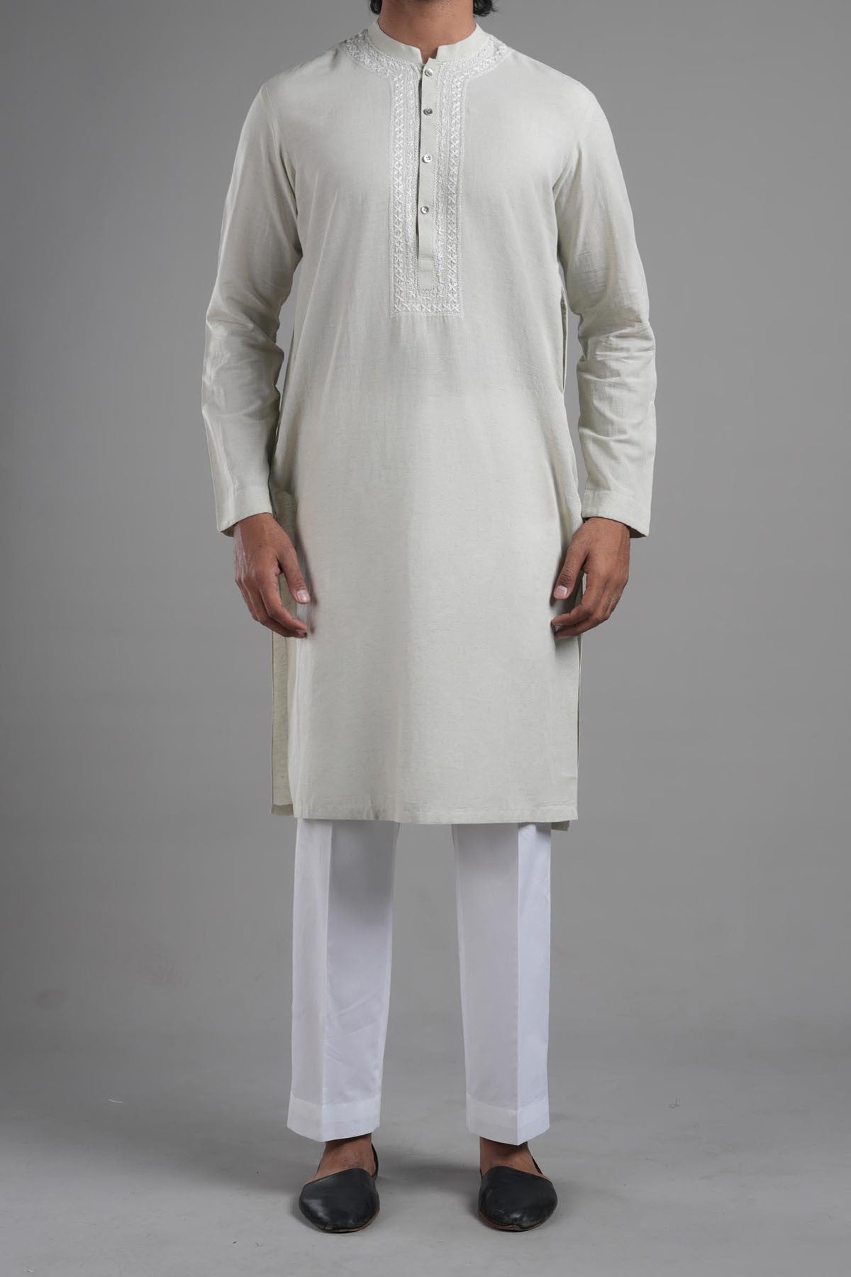Beige Embroidered Egyptian Cotton Kurta (2-Piece) - Image 1