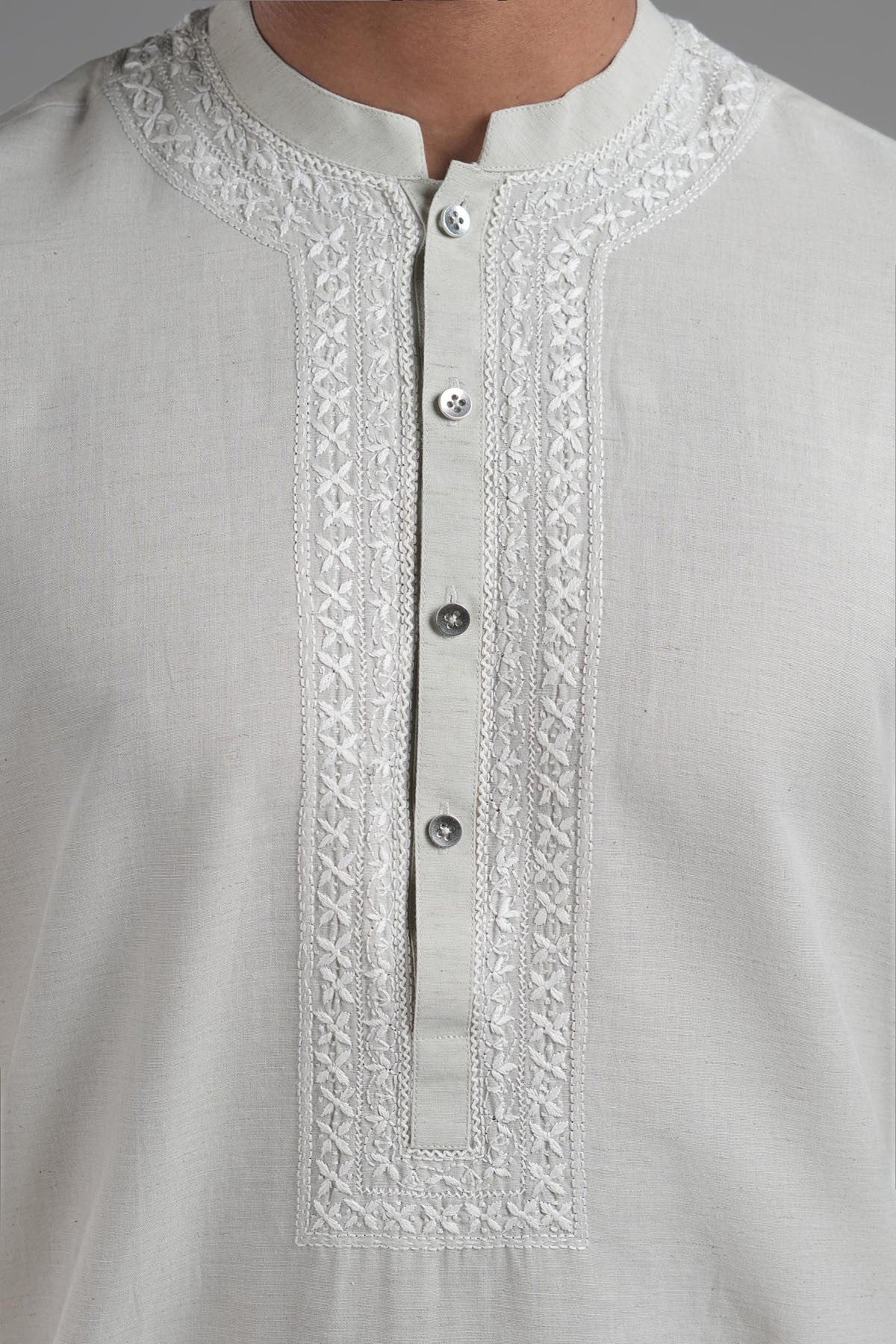 Beige Embroidered Egyptian Cotton Kurta (2-Piece) - Image 2