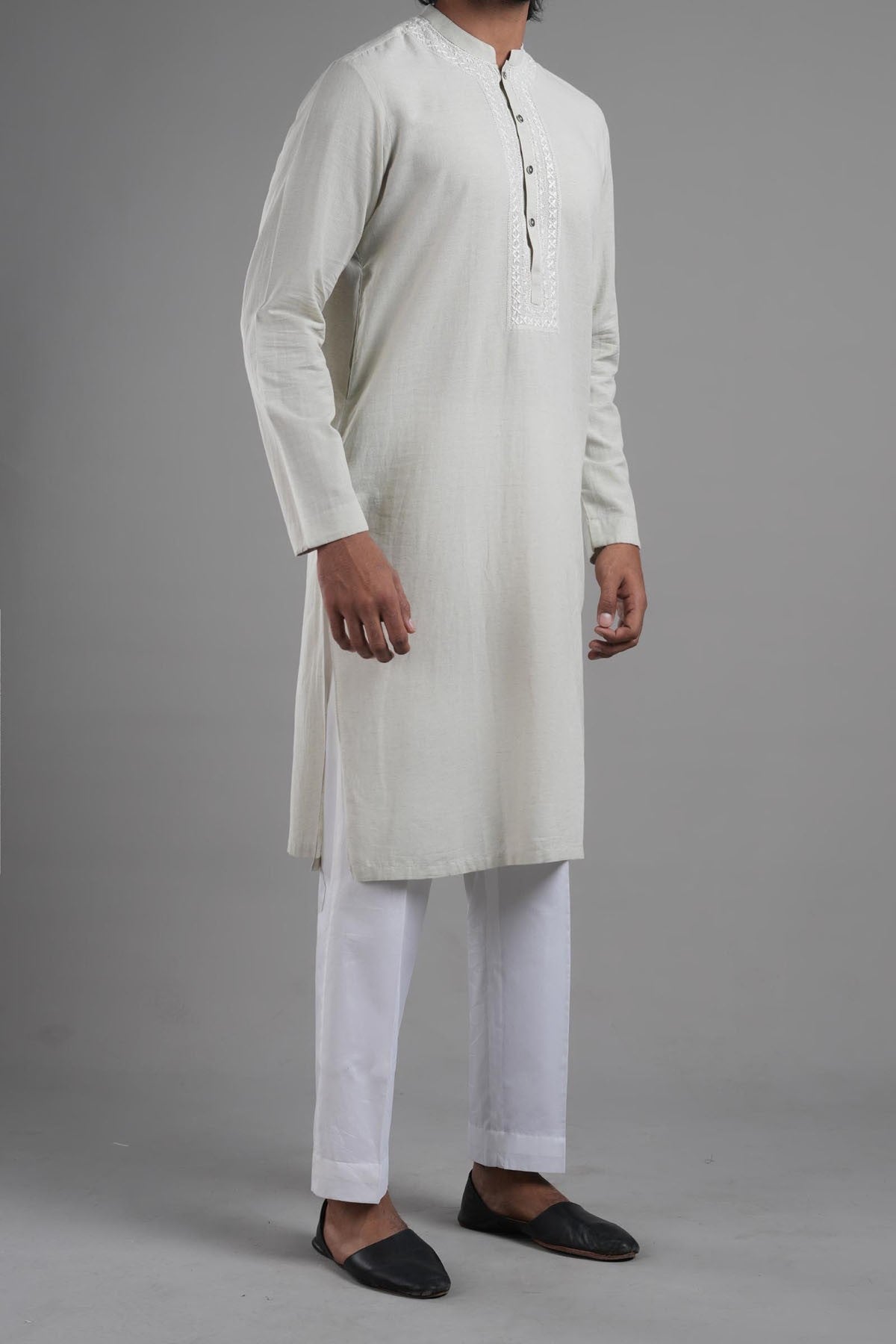 Beige Embroidered Egyptian Cotton Kurta (2-Piece) - Image 3