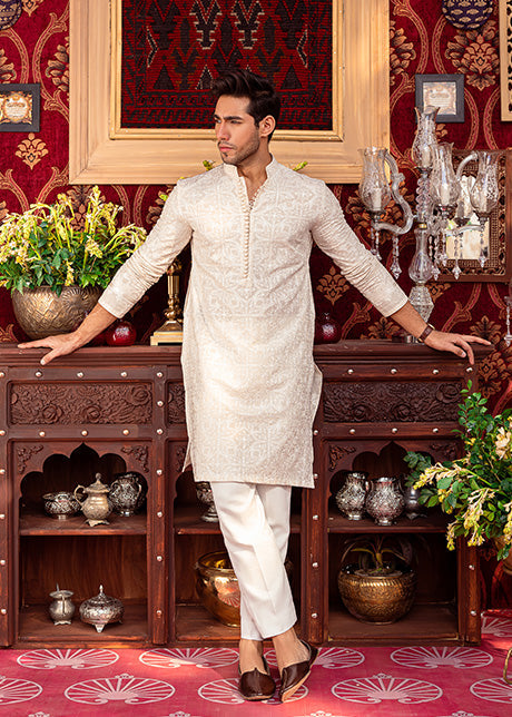 Beige Self-Embroidered Lawn Kurta (2-Piece) - Image 1