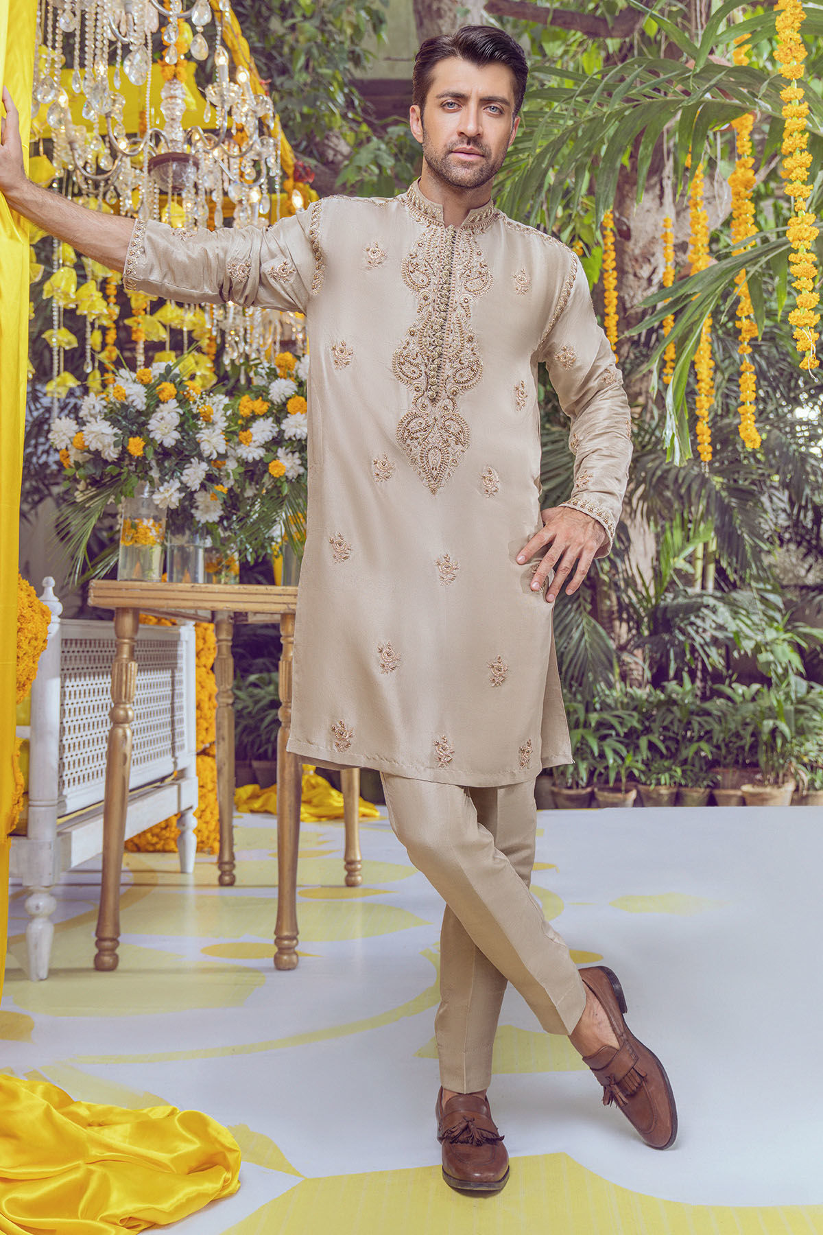 Taupe Marori Embroidered Pure Raw Silk Kurta (2-Piece) - Image 1