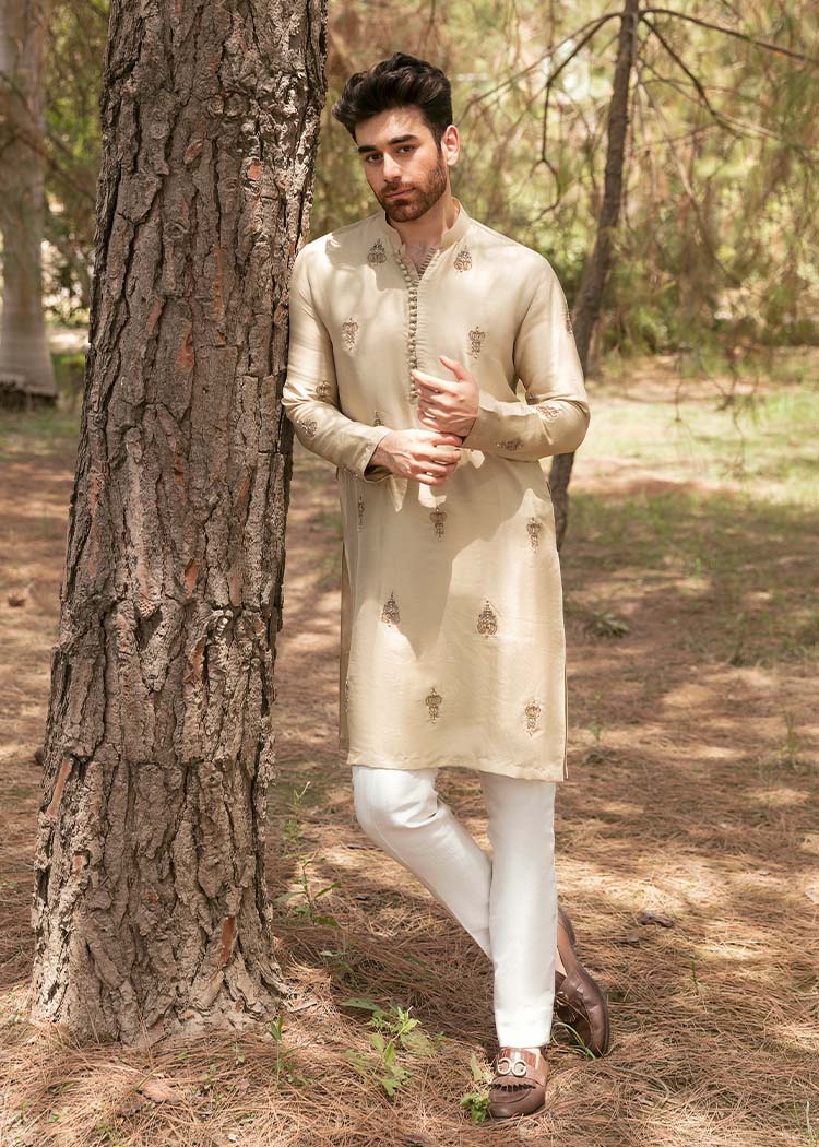 Beige Hand-Embellished Korean Raw Silk Kurta (2-Piece) - Image 2