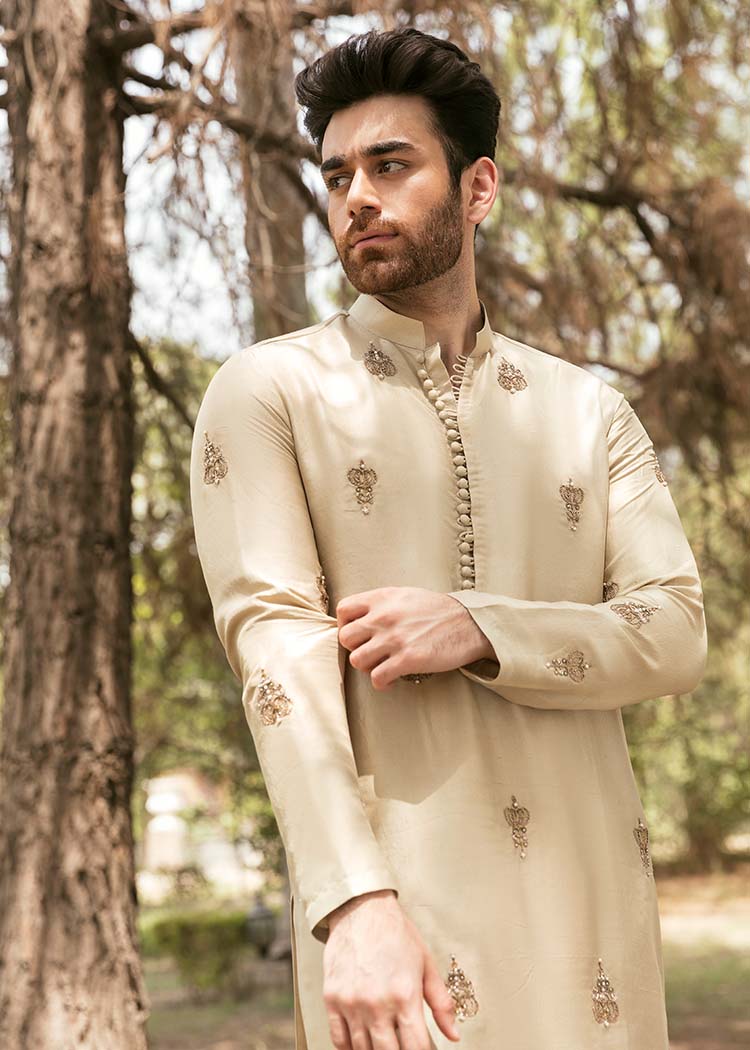 Beige Hand-Embellished Korean Raw Silk Kurta (2-Piece) - Image 3