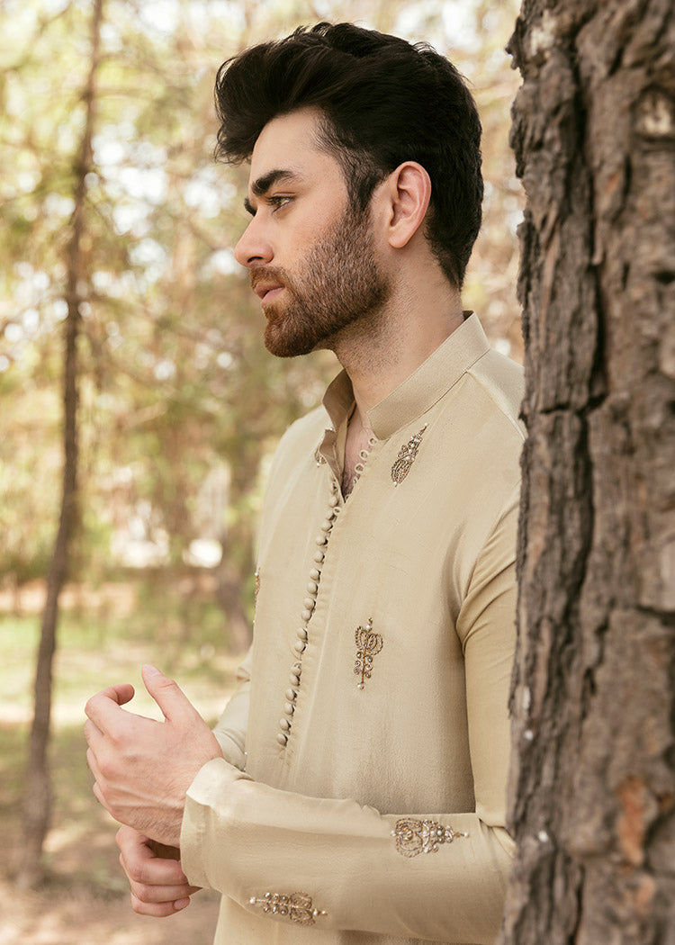 Beige Hand-Embellished Korean Raw Silk Kurta (2-Piece) - Image 4
