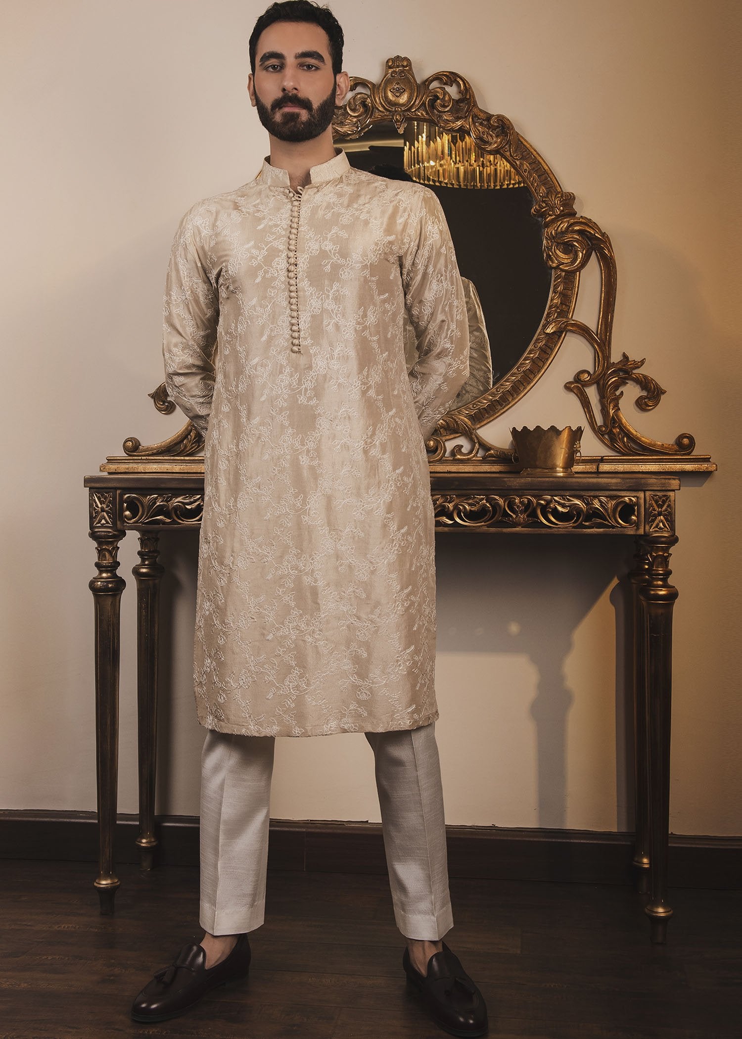 Beige Ivory Floral Jaal Rawsilk Kurta (2-Piece) - Image 1
