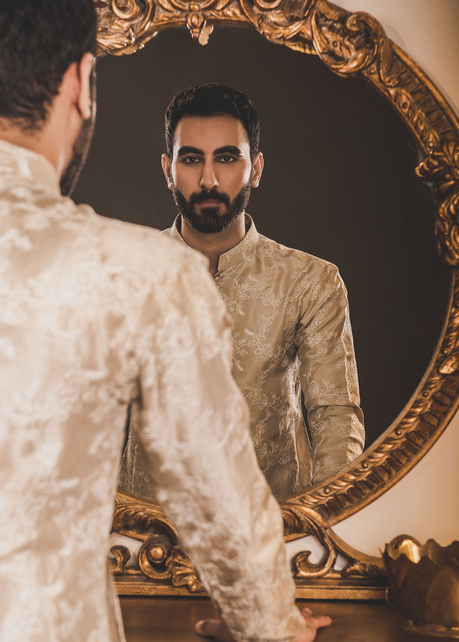 Beige Ivory Floral Jaal Rawsilk Kurta (2-Piece) - Image 3