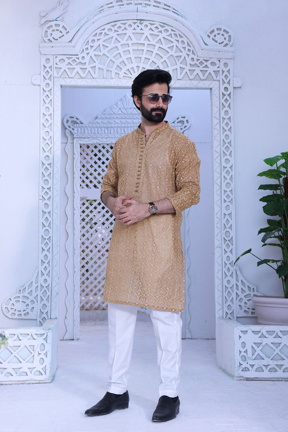 Light French Beige Embroidered Silk-Blend Kurta (2-Piece) - Image 1