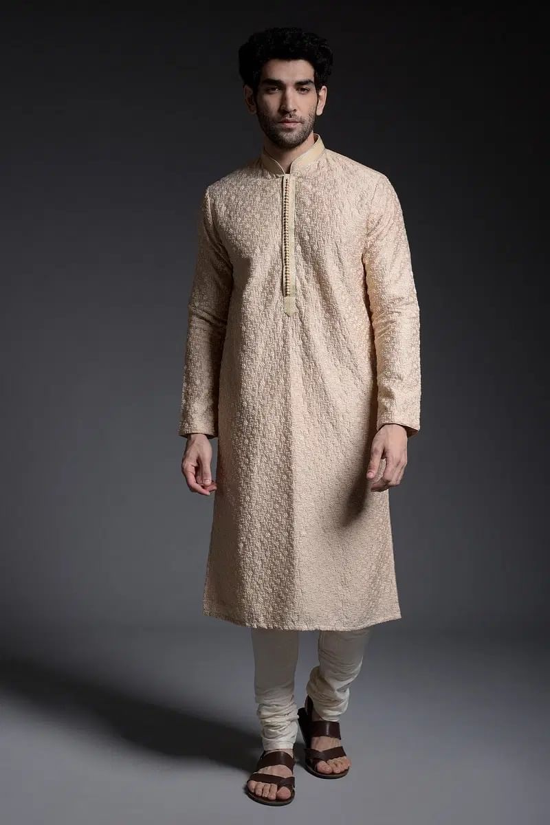 Biscuit Beige Resham Embroidered Silk Kurta (2-Piece) - Image 1