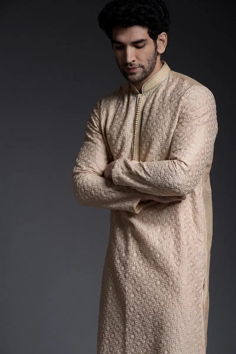 Biscuit Beige Resham Embroidered Silk Kurta (2-Piece) - Image 2