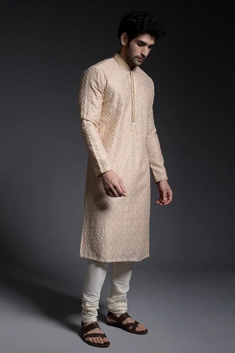 Biscuit Beige Resham Embroidered Silk Kurta (2-Piece) - Image 3