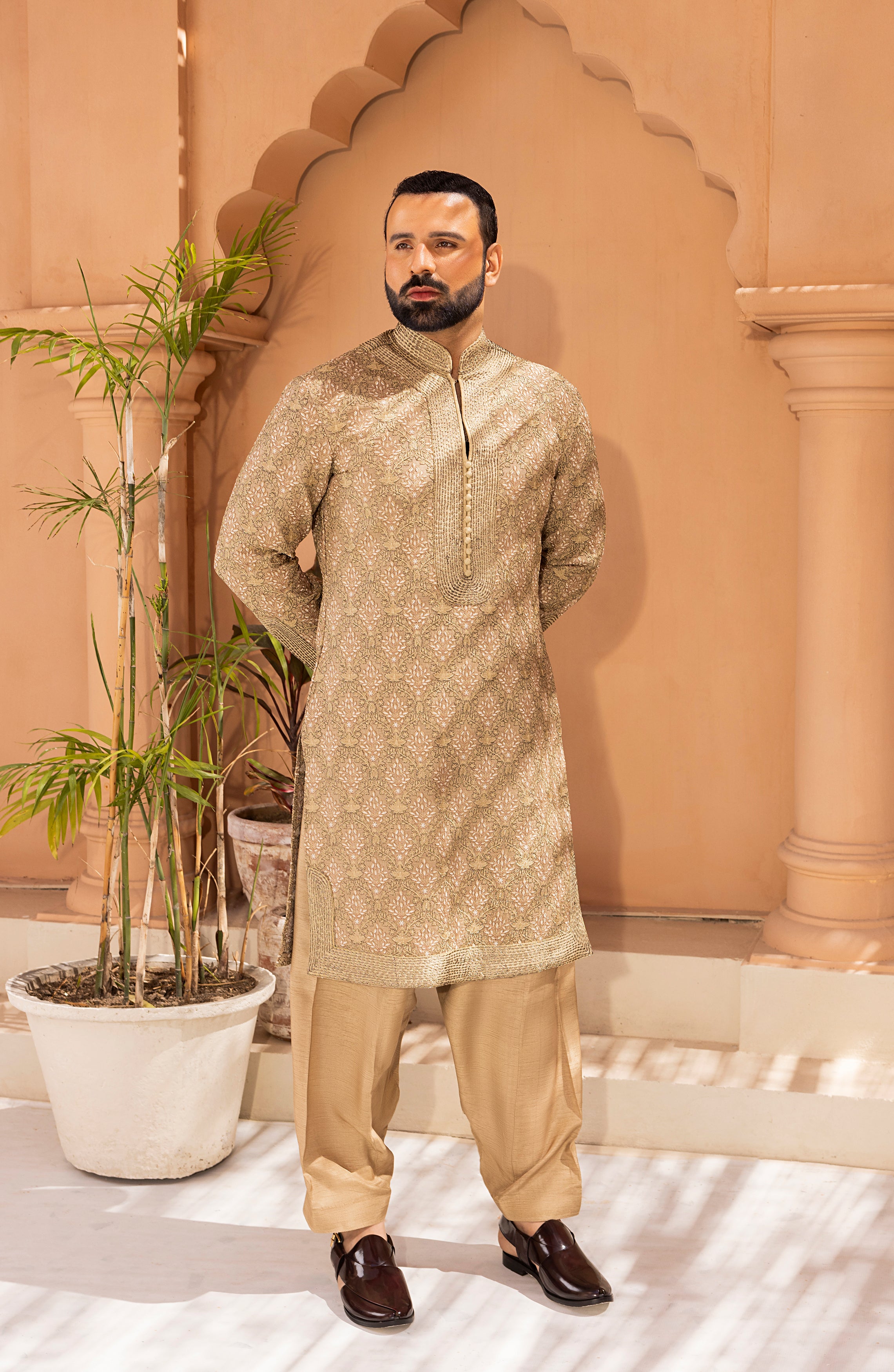 Sandstone Embroidered Silk-Blend Shalwar Kameez (2-Piece) - Image 1