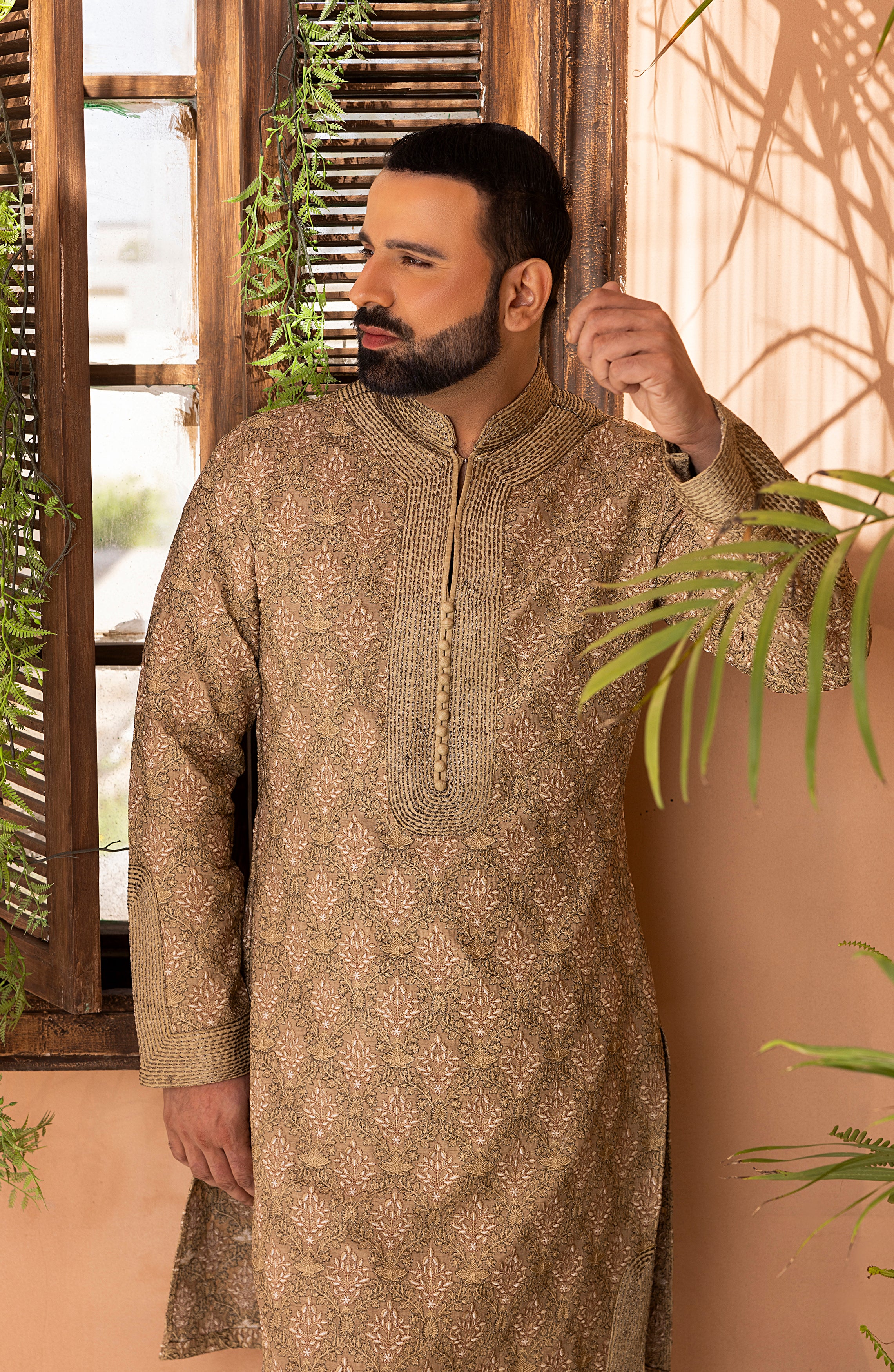Sandstone Embroidered Silk-Blend Shalwar Kameez (2-Piece) - Image 2