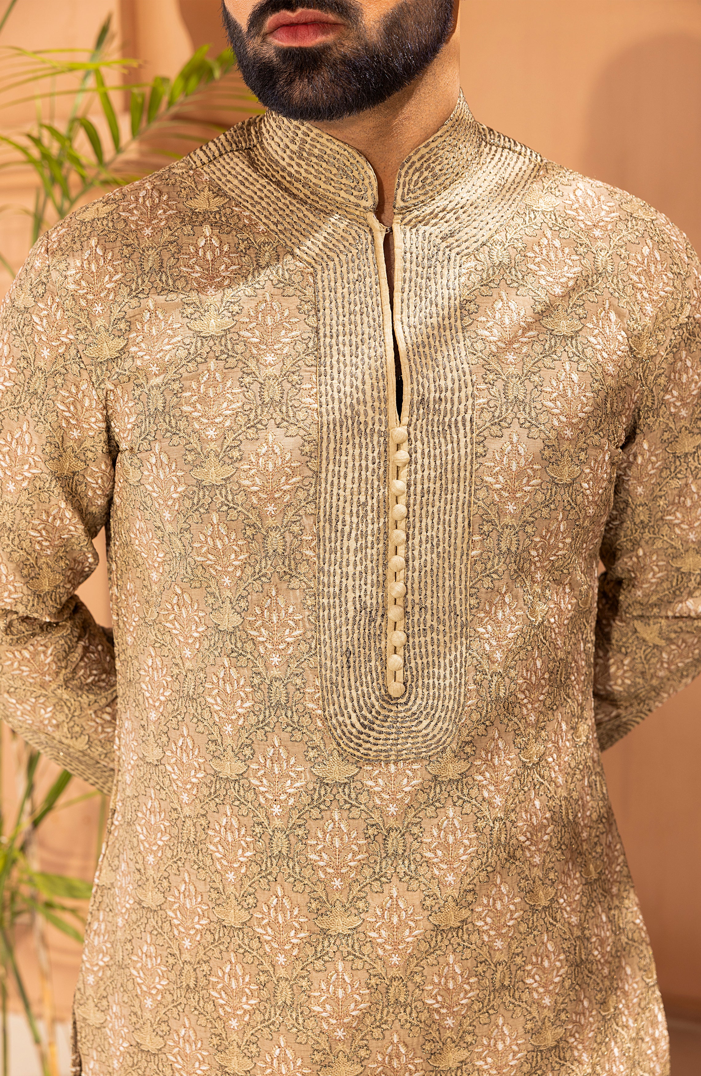Sandstone Embroidered Silk-Blend Shalwar Kameez (2-Piece) - Image 3