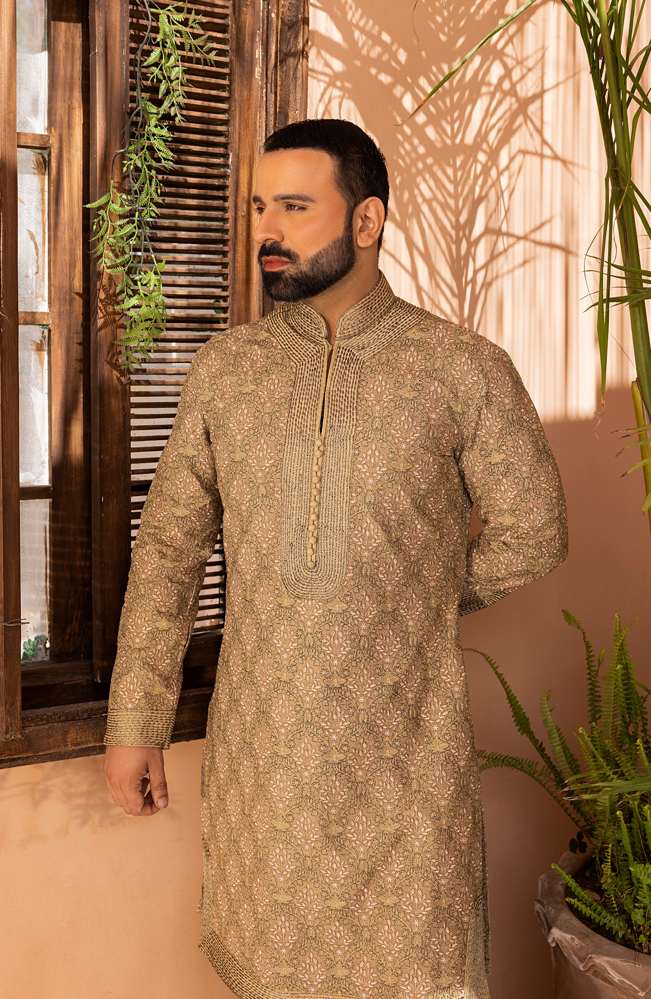 Sandstone Embroidered Silk-Blend Shalwar Kameez (2-Piece) - Image 8