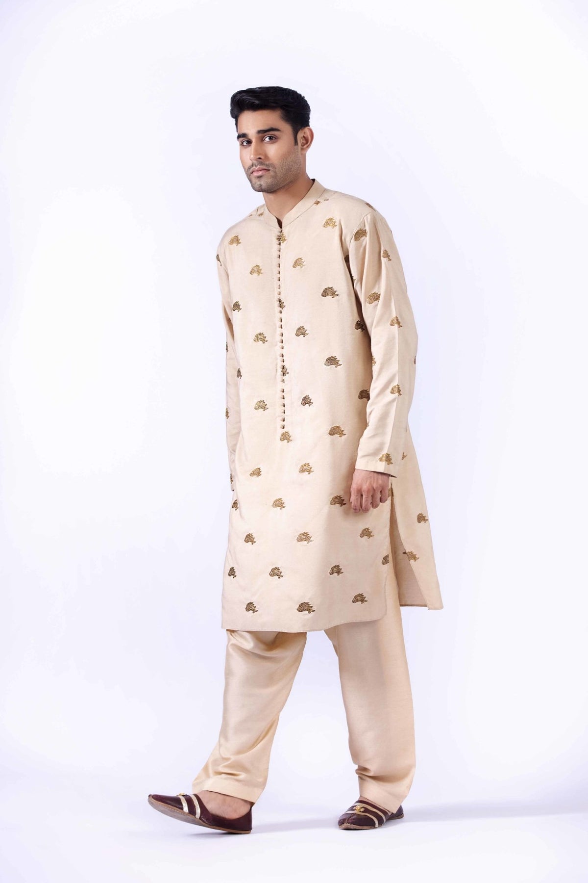 Beige Embroidered Silk Cotton Shalwar Kameez (3-Piece) - Image 1