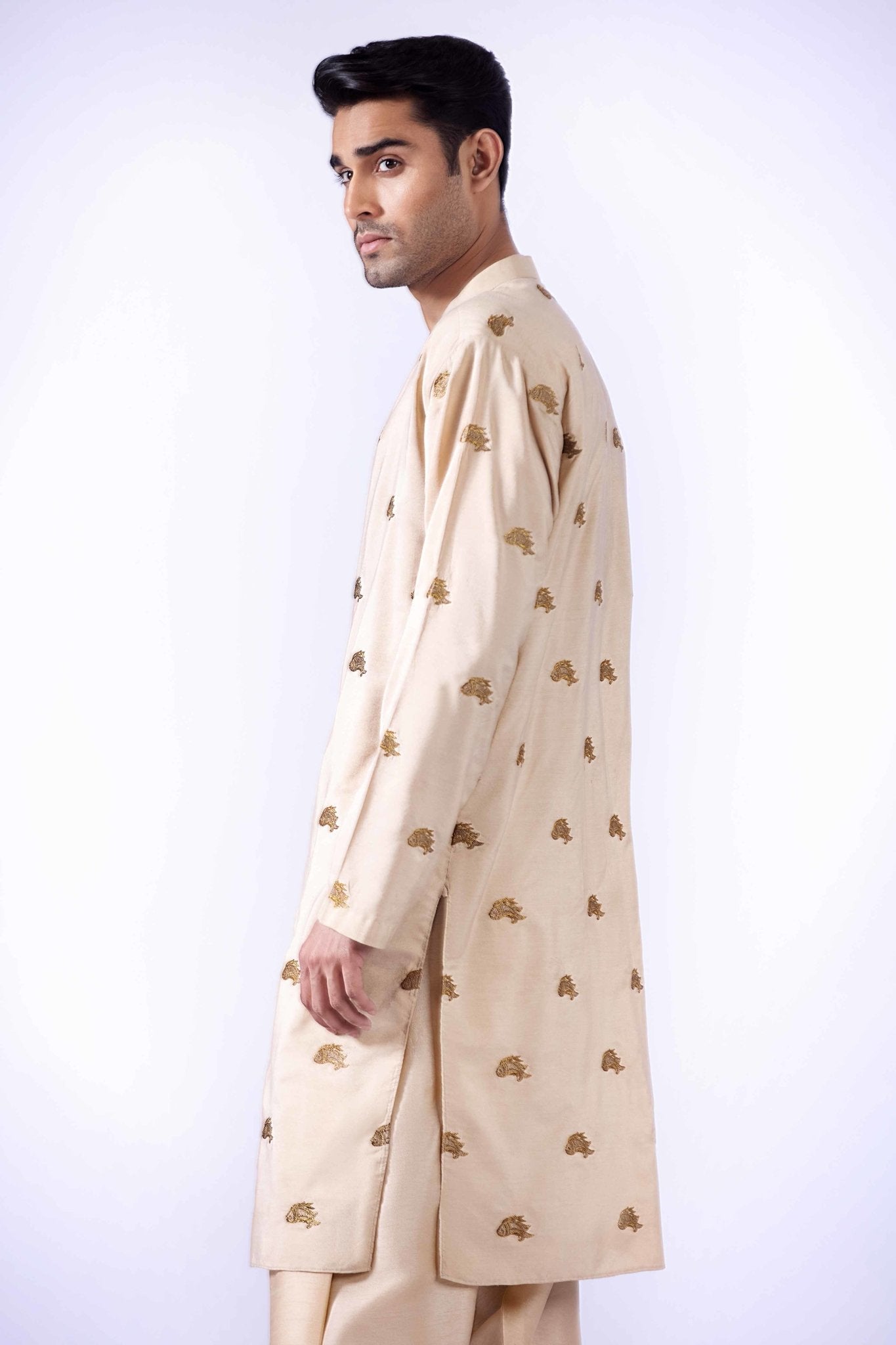 Beige Embroidered Silk Cotton Shalwar Kameez (3-Piece) - Image 4